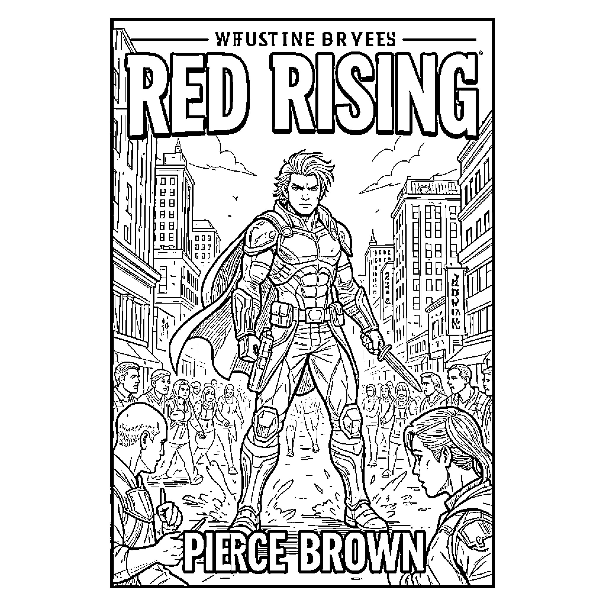 Red Rising warrior standing heroically in a city street Coloring Page (free black-and-white line drawing printable PDF for all, from beginners to advanced learners, including children, teens, adults, and seniors)
