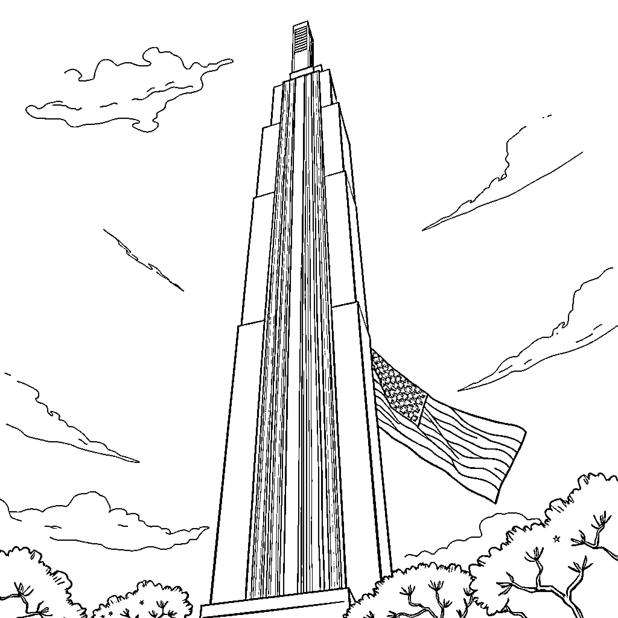 Trump Tower standing tall with American flag Coloring Page (free black-and-white line drawing printable PDF for all, from beginners to advanced learners, including children, teens, adults, and seniors)
