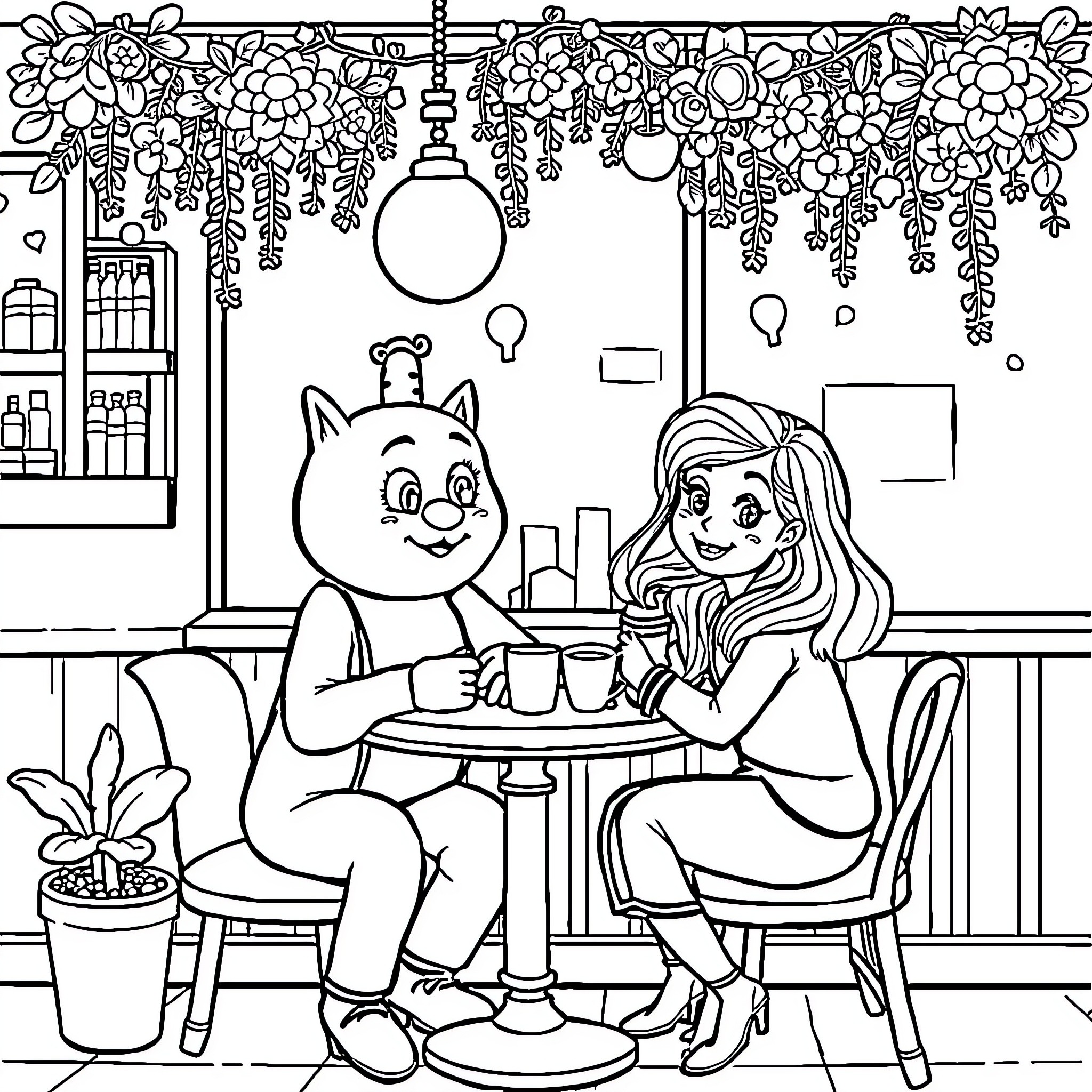 Tome of Two Friends Enjoying Cafe Ambiance Coloring Page (free black-and-white line drawing printable PDF for all, from beginners to advanced learners, including children, teens, adults, and seniors)