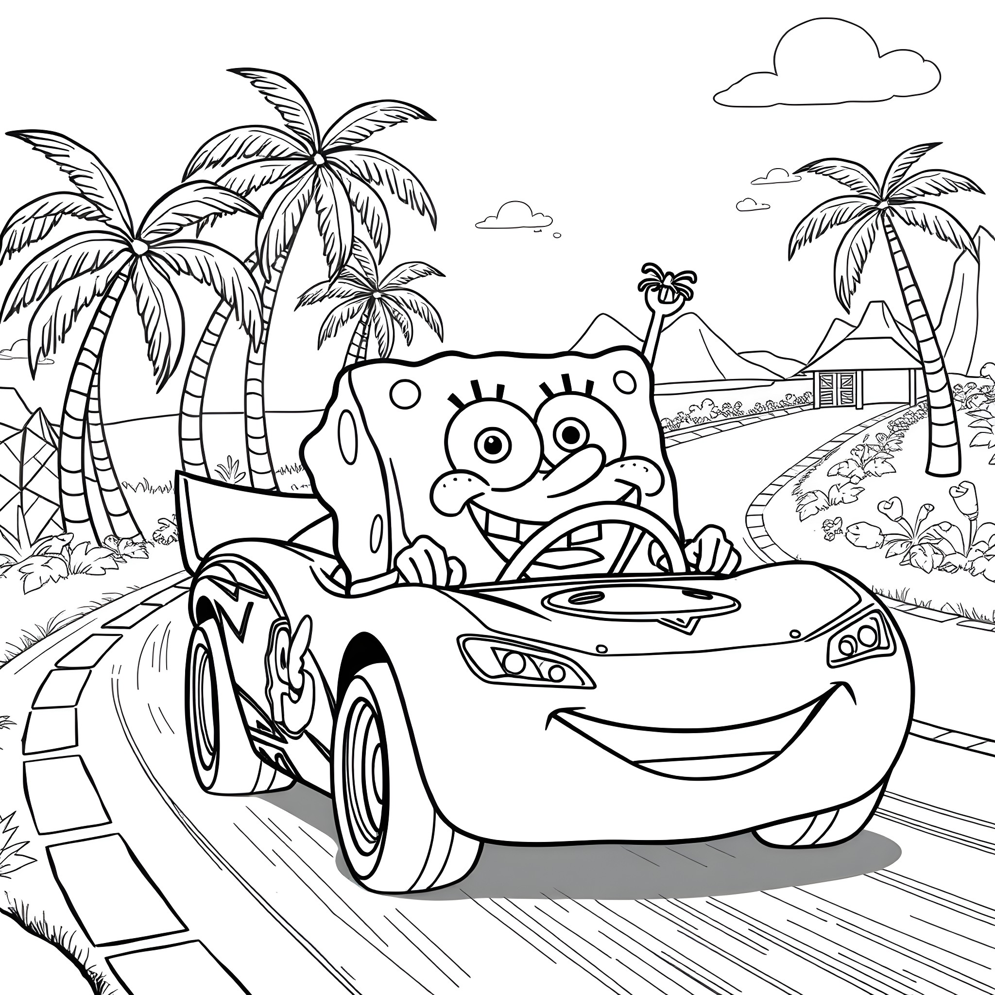 Spongebob driving a car on a tropical beach Coloring Page (free black-and-white line drawing printable PDF for all, from beginners to advanced learners, including children, teens, adults, and seniors)