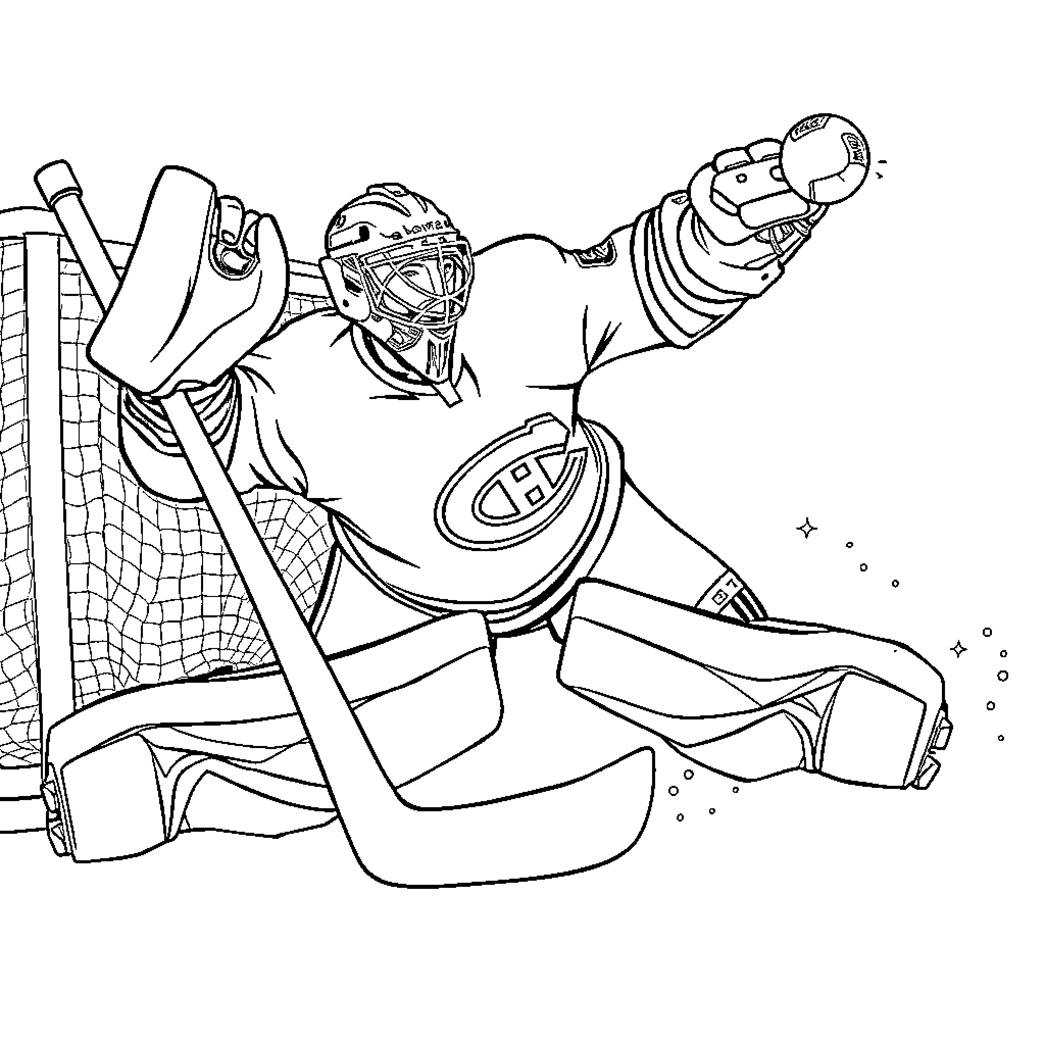 Goalie making a spectacular save on the ice Coloring Page (free black-and-white line drawing printable PDF for all, from beginners to advanced learners, including children, teens, adults, and seniors)