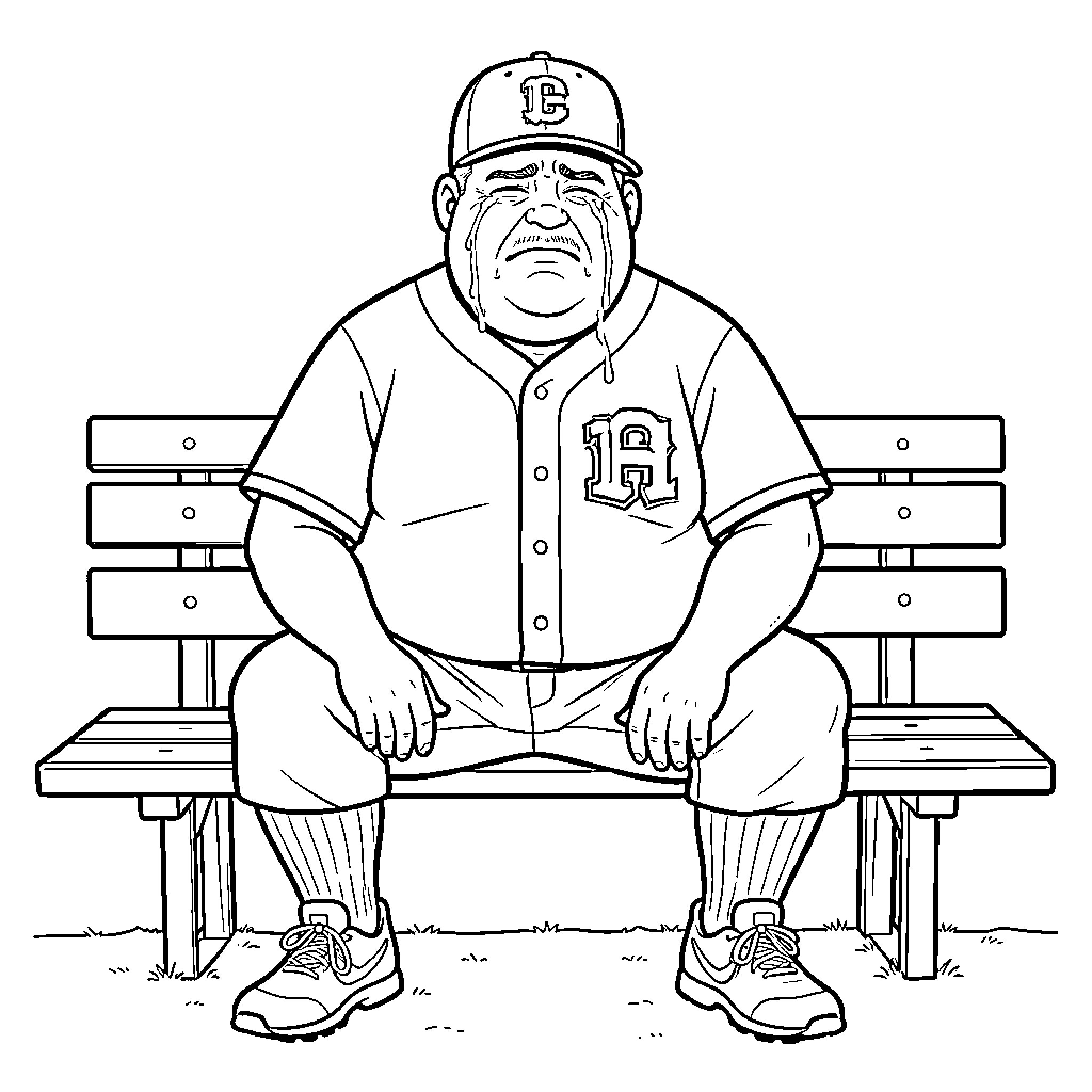 Coach resting on bench with serious expression Coloring Page (free black-and-white line drawing printable PDF for all, from beginners to advanced learners, including children, teens, adults, and seniors)