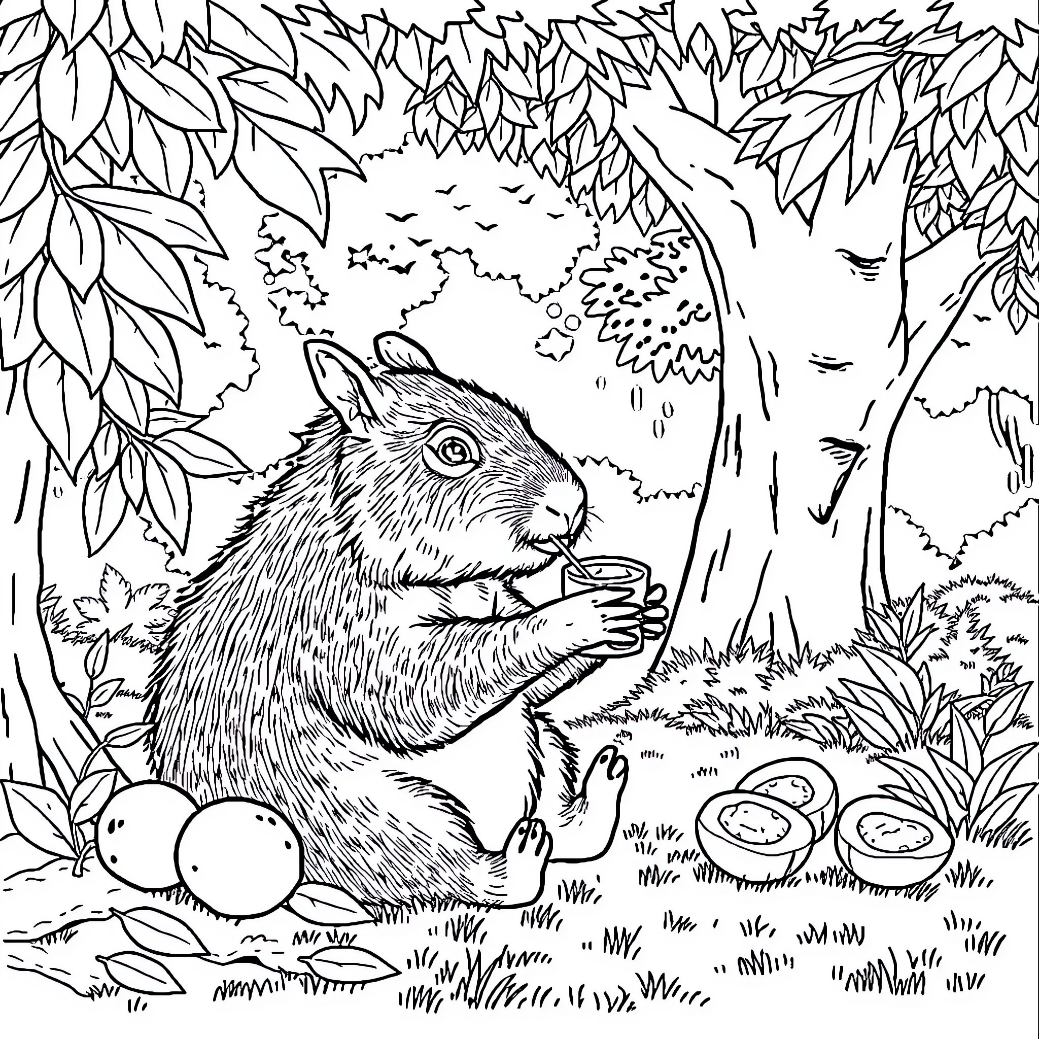 Capybara enjoying a peaceful forest scene Coloring Page (free black-and-white line drawing printable PDF for all, from beginners to advanced learners, including children, teens, adults, and seniors)