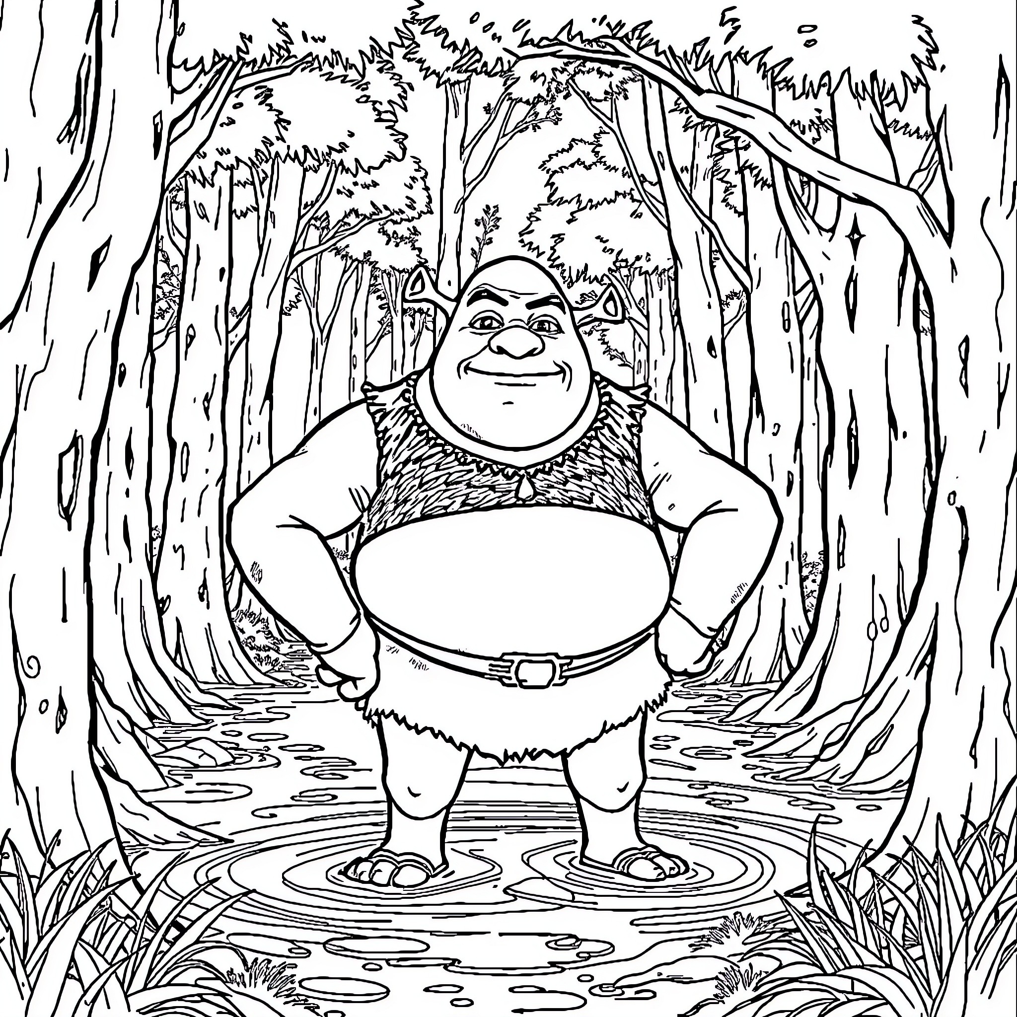 Shrek enjoying the forest scenery Coloring Page (free black-and-white line drawing printable PDF for all, from beginners to advanced learners, including children, teens, adults, and seniors)