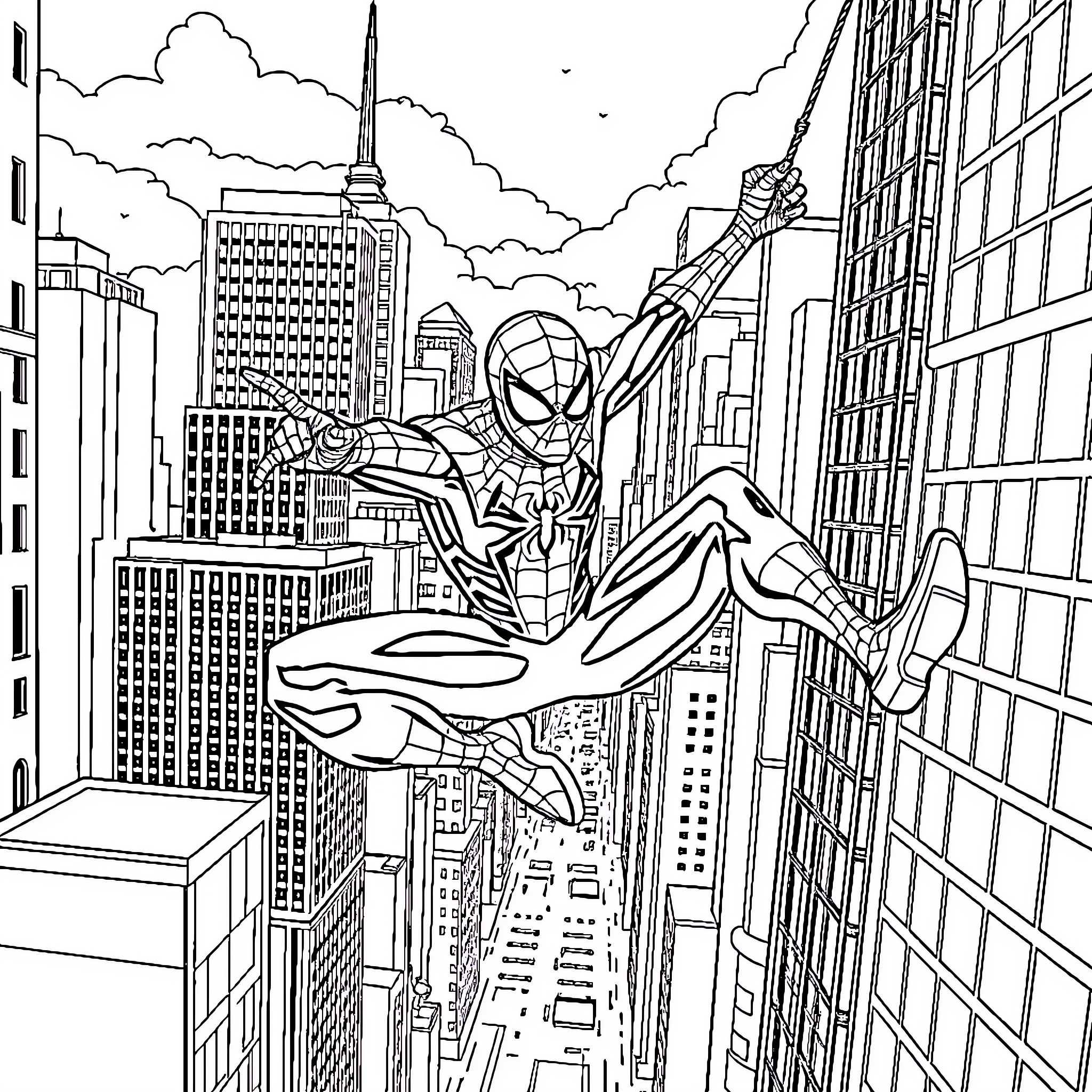 Spiderman swinging through the cityscape Coloring Page (free black-and-white line drawing printable PDF for all, from beginners to advanced learners, including children, teens, adults, and seniors)