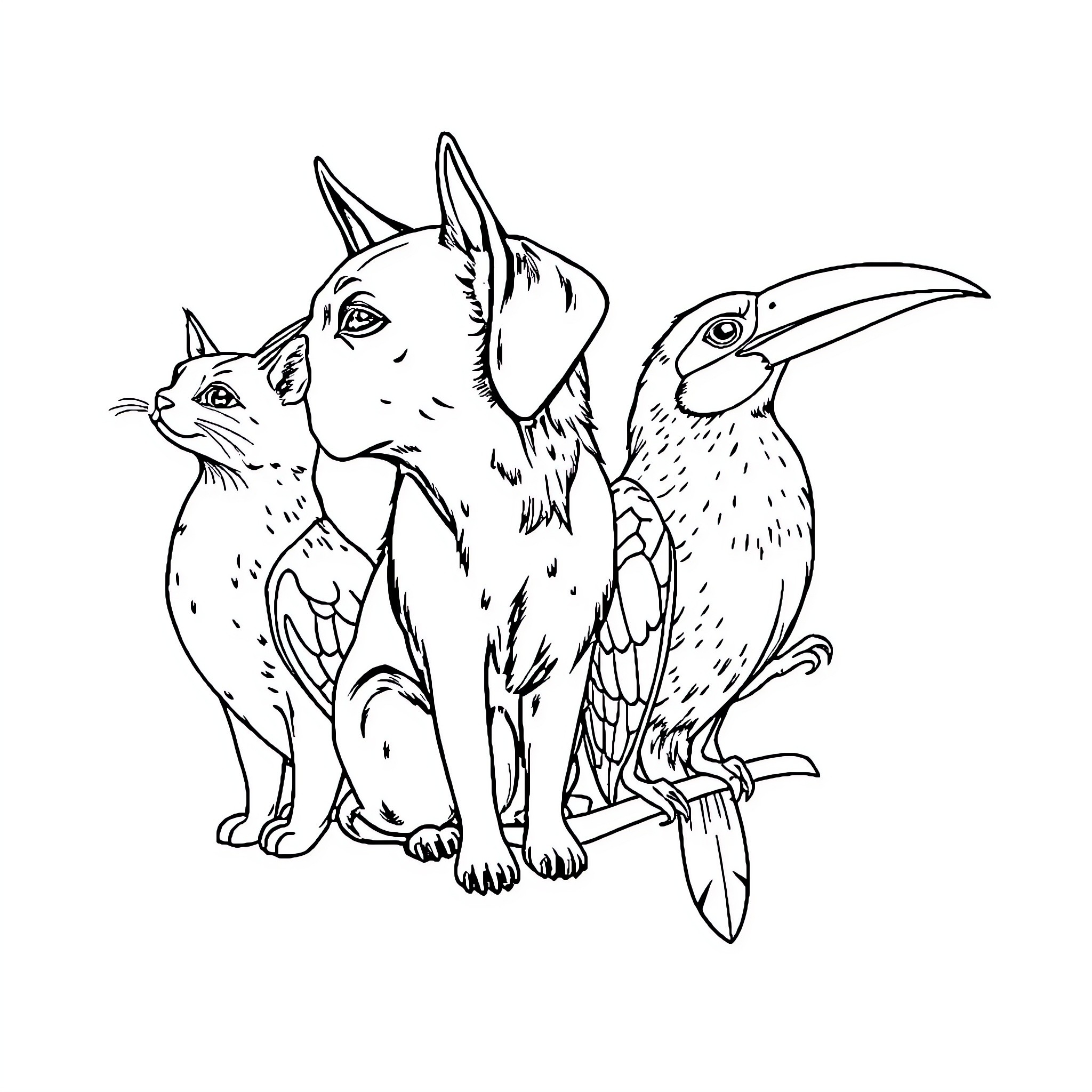 Vertebrate companions: cat and toucan Coloring Page (free black-and-white line drawing printable PDF for all, from beginners to advanced learners, including children, teens, adults, and seniors)