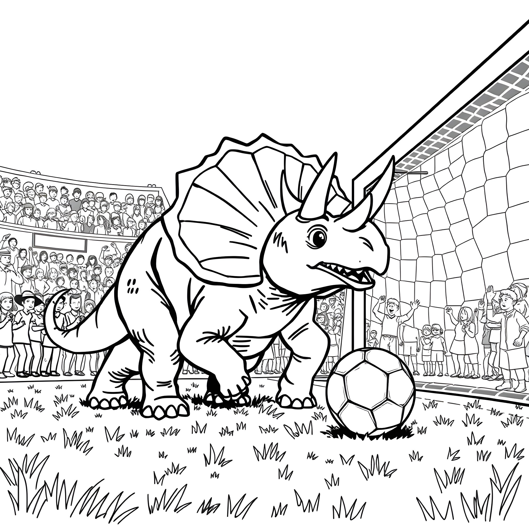 Triceratops playing with soccer ball on the field Coloring Page (free black-and-white line drawing printable PDF for all, from beginners to advanced learners, including children, teens, adults, and seniors)