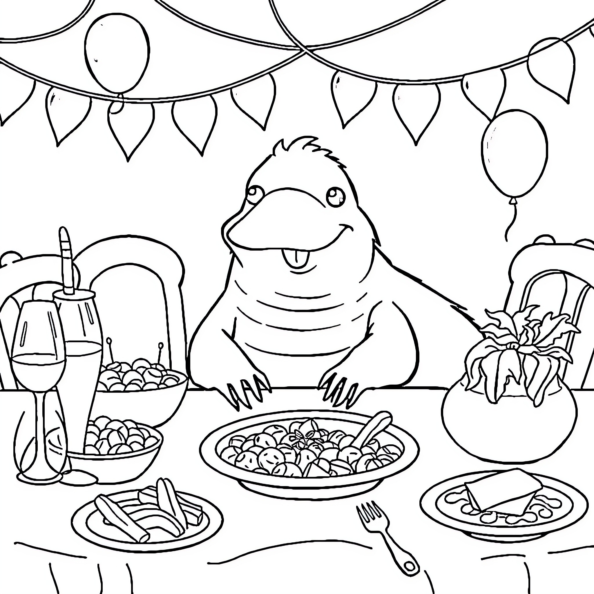 Platypus enjoying a festive birthday party Coloring Page (free black-and-white line drawing printable PDF for all, from beginners to advanced learners, including children, teens, adults, and seniors)