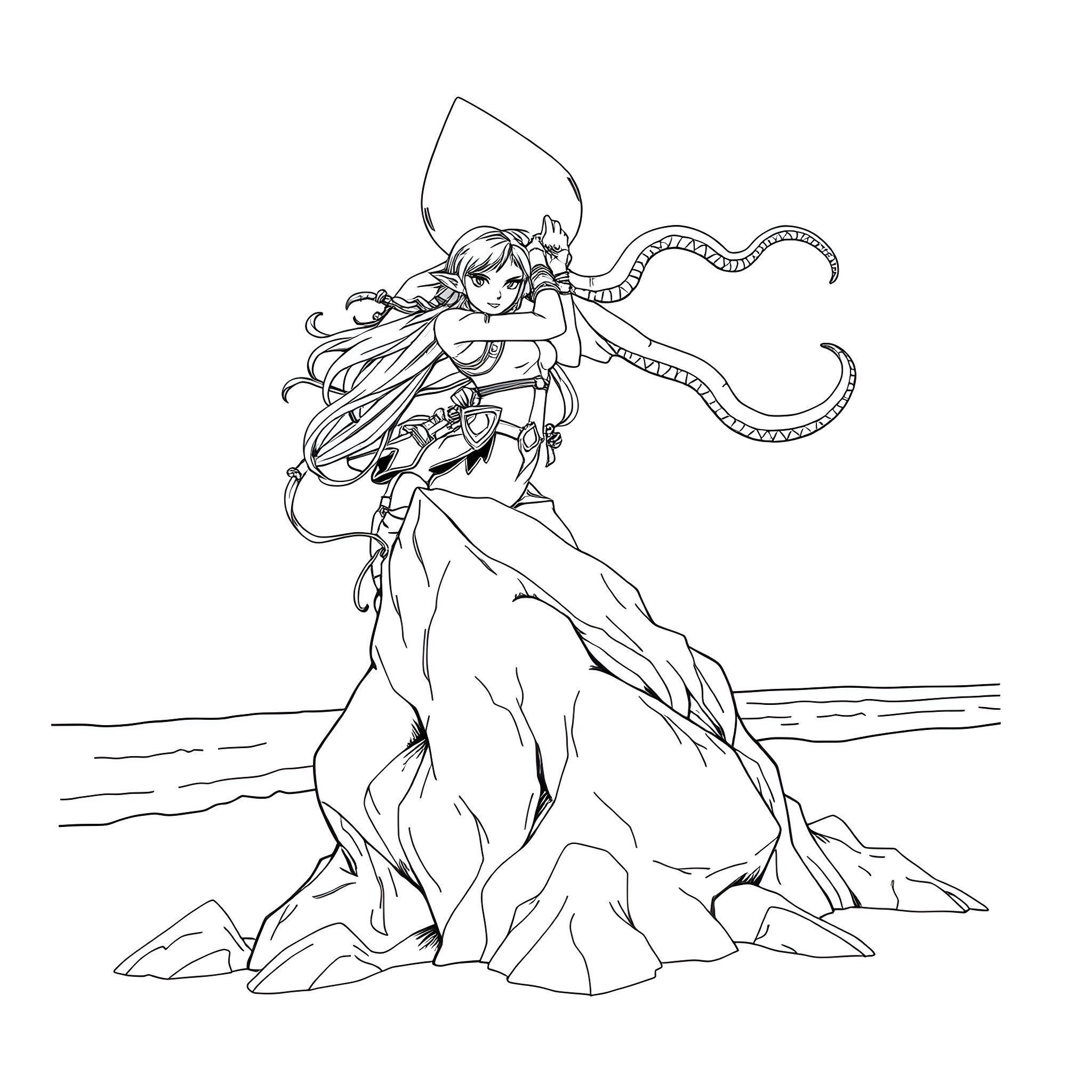 Zelda fighting heroically against a foe Coloring Page (free black-and-white line drawing printable PDF for all, from beginners to advanced learners, including children, teens, adults, and seniors)