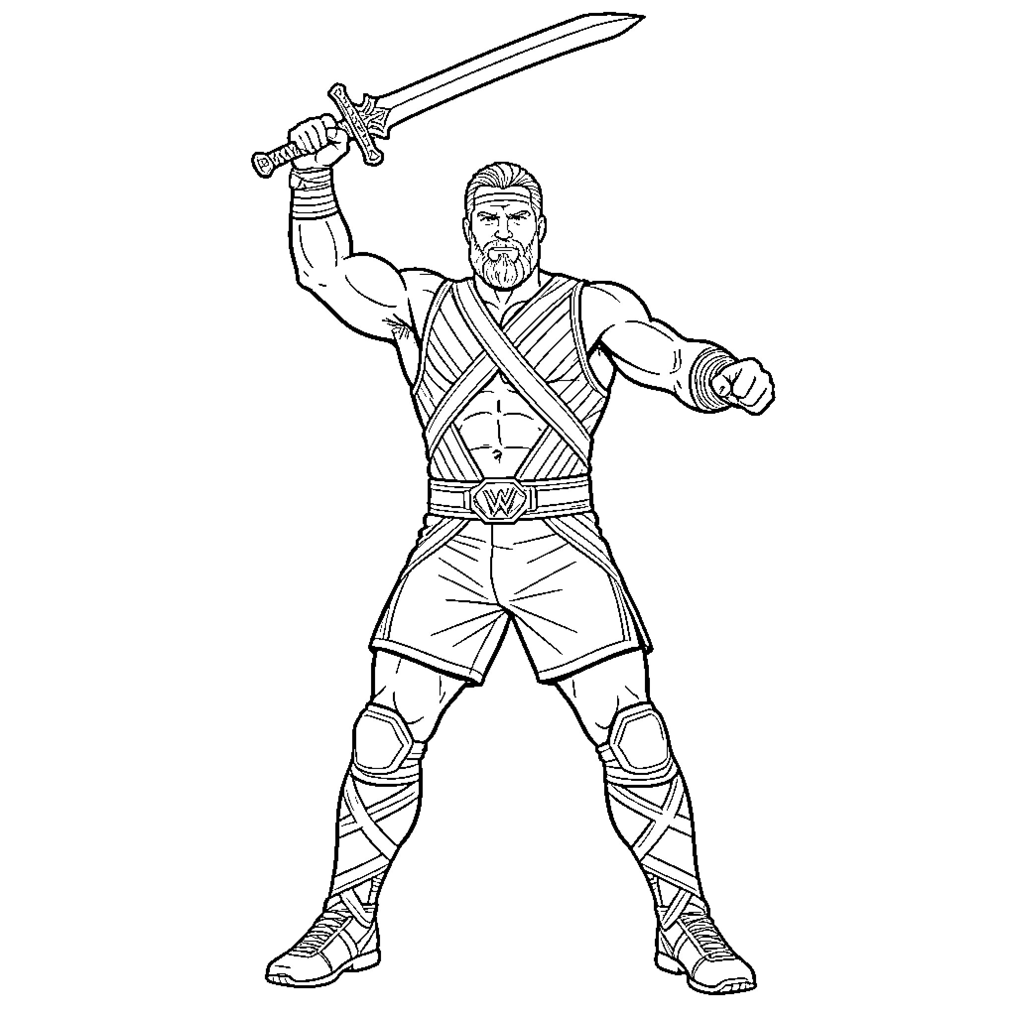 Drew McIntyre wielding a mighty sword in battle stance Coloring Page (free black-and-white line drawing printable PDF for all, from beginners to advanced learners, including children, teens, adults, and seniors)