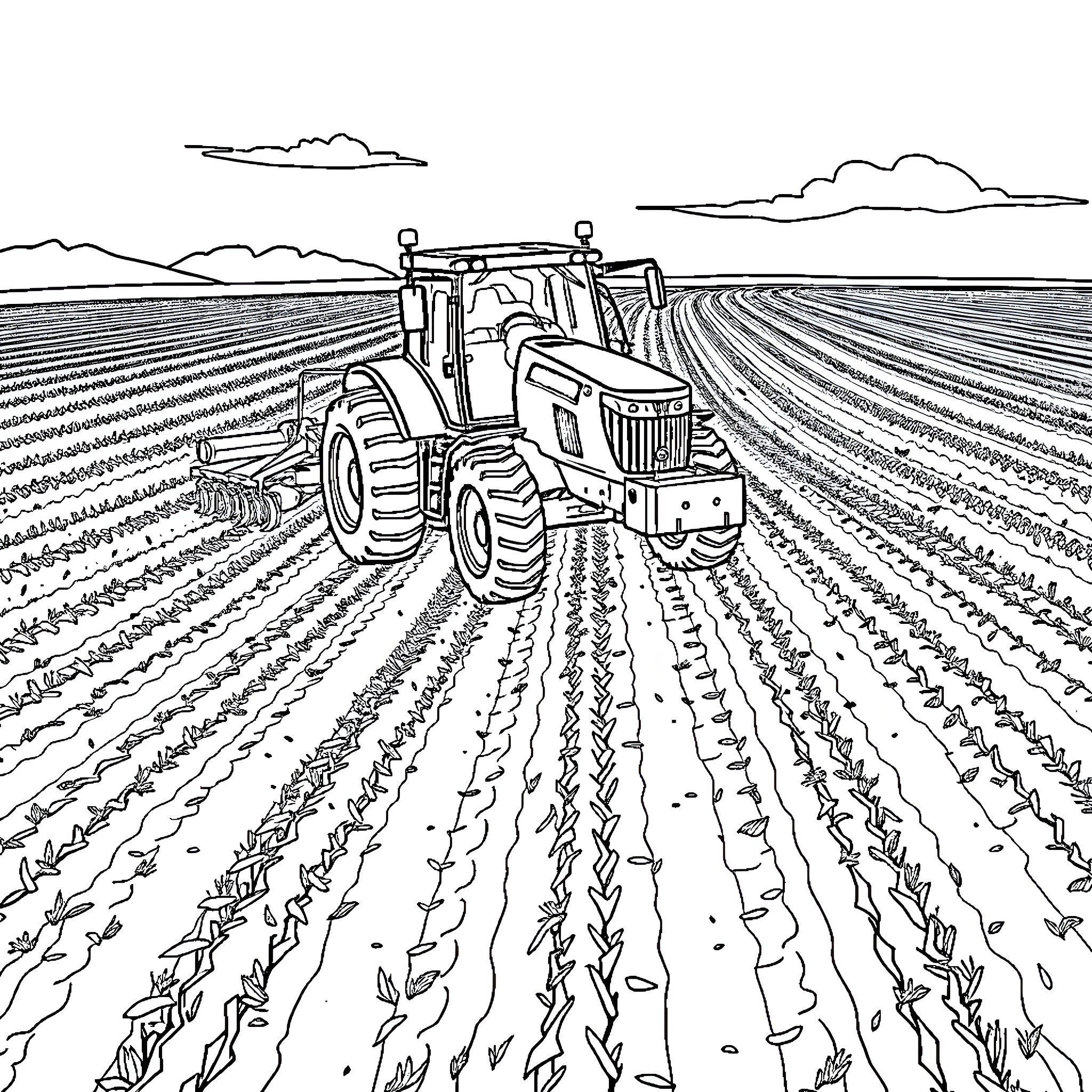 Tractor plowing through the farmland Coloring Page (free black-and-white line drawing printable PDF for all, from beginners to advanced learners, including children, teens, adults, and seniors)