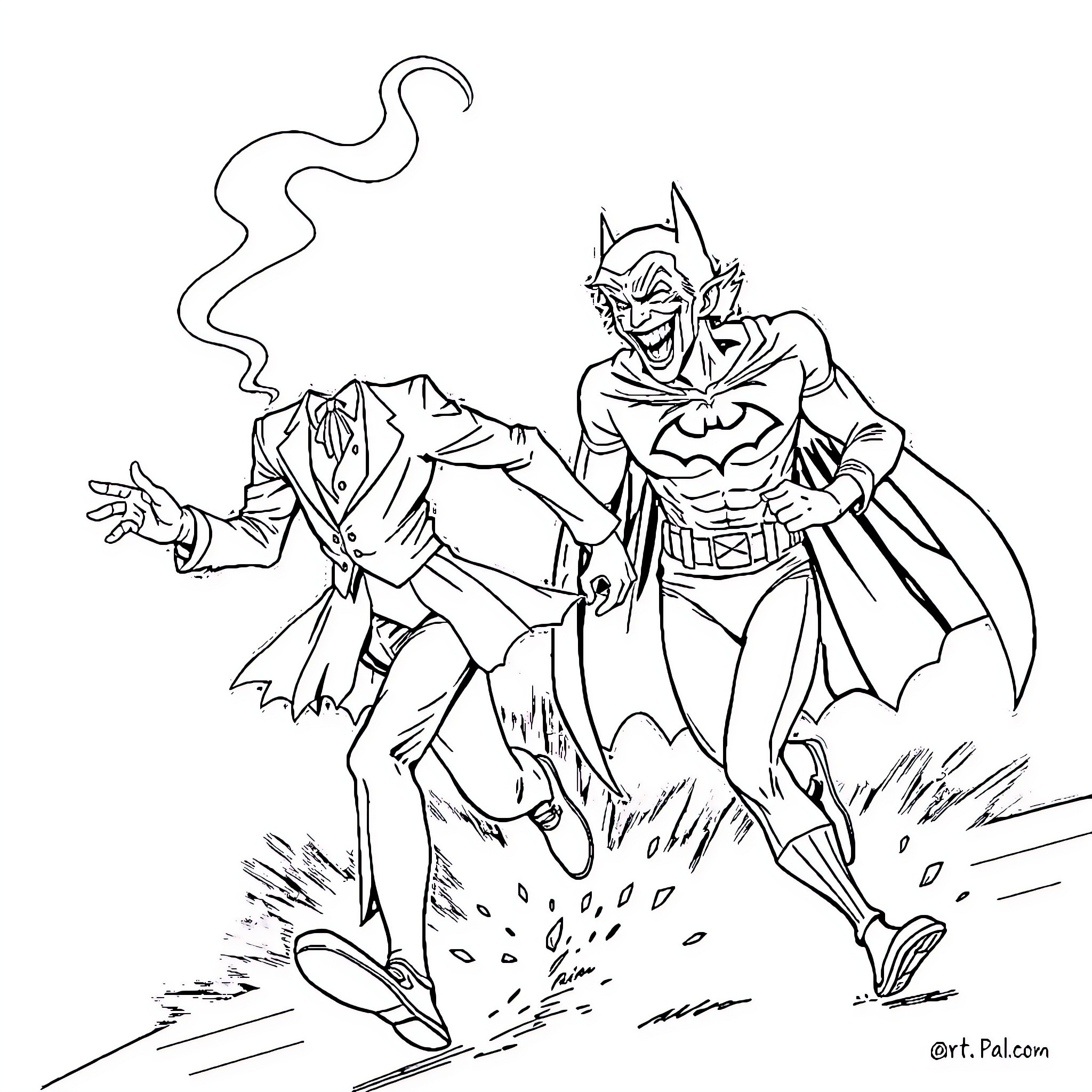 Joker battling heroically in chaotic scene Coloring Page (free black-and-white line drawing printable PDF for all, from beginners to advanced learners, including children, teens, adults, and seniors)