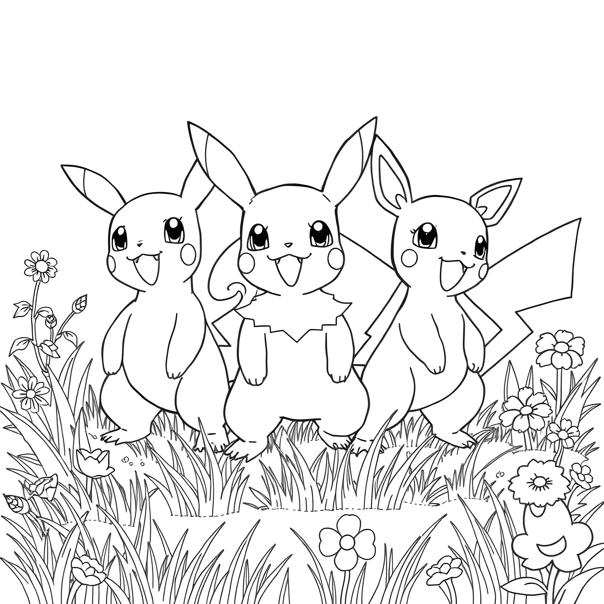 Pokémon Trio Enjoying the Outdoors Coloring Page (free black-and-white line drawing printable PDF for all, from beginners to advanced learners, including children, teens, adults, and seniors)