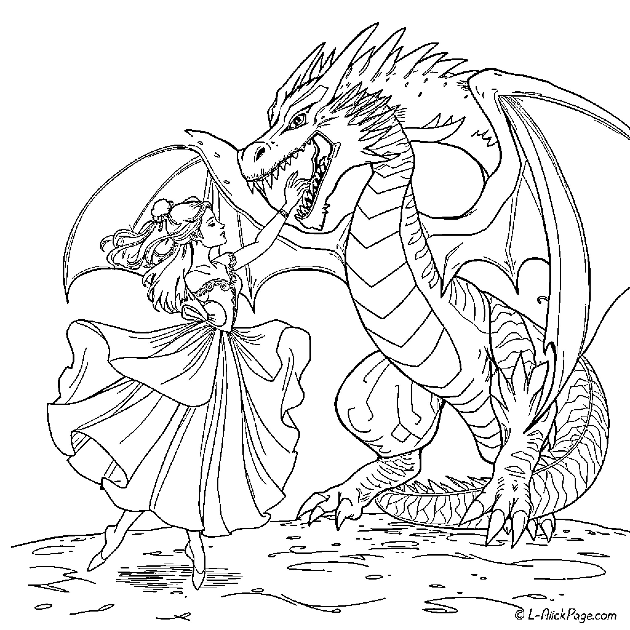 Ballerina dancing with mythical dragon Coloring Page (free black-and-white line drawing printable PDF for all, from beginners to advanced learners, including children, teens, adults, and seniors)