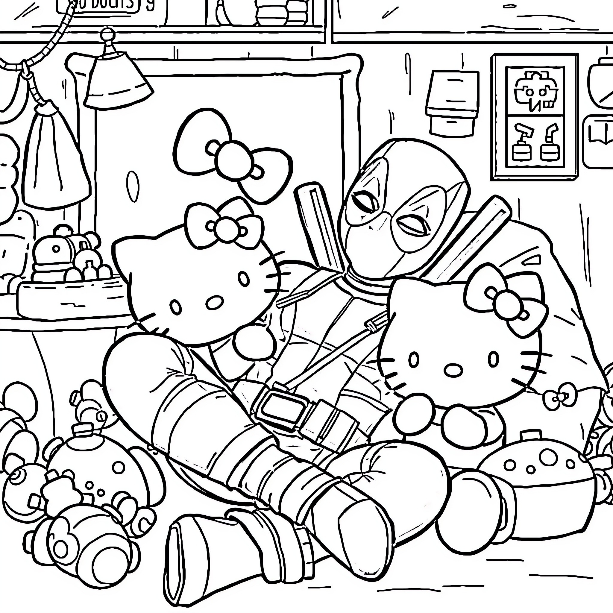 Deadpool Deadpools Chaos in Hello Kitty's Room Coloring Page (free black-and-white line drawing printable PDF for all, from beginners to advanced learners, including children, teens, adults, and seniors)