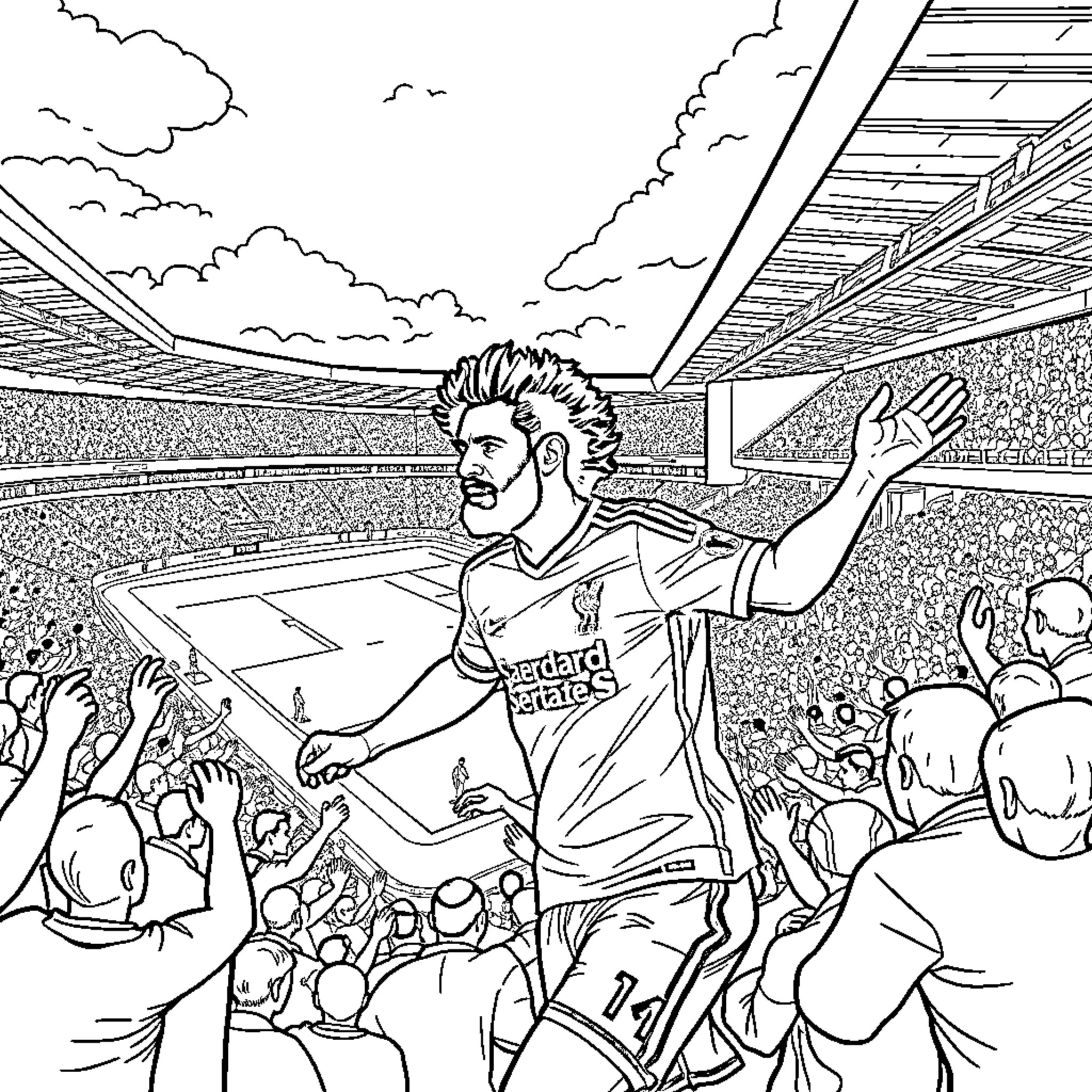 Mo Salah Celebrating Goal in Stadium Coloring Page (free black-and-white line drawing printable PDF for all, from beginners to advanced learners, including children, teens, adults, and seniors)