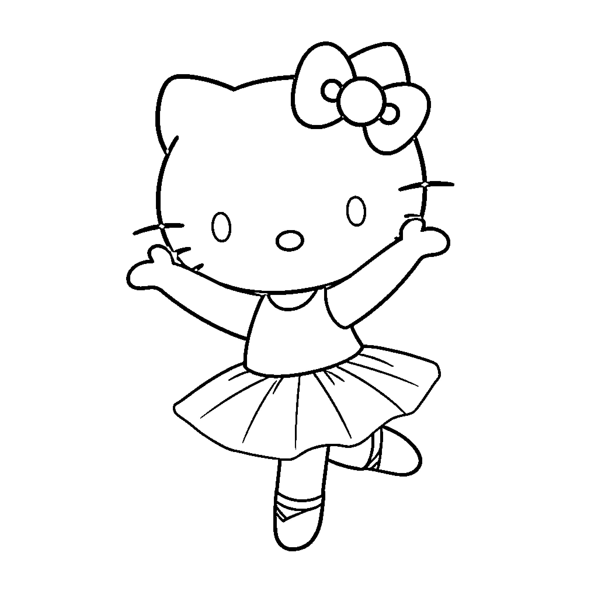 Hello Kitty dancing gracefully Coloring Page (free black-and-white line drawing printable PDF for all, from beginners to advanced learners, including children, teens, adults, and seniors)
