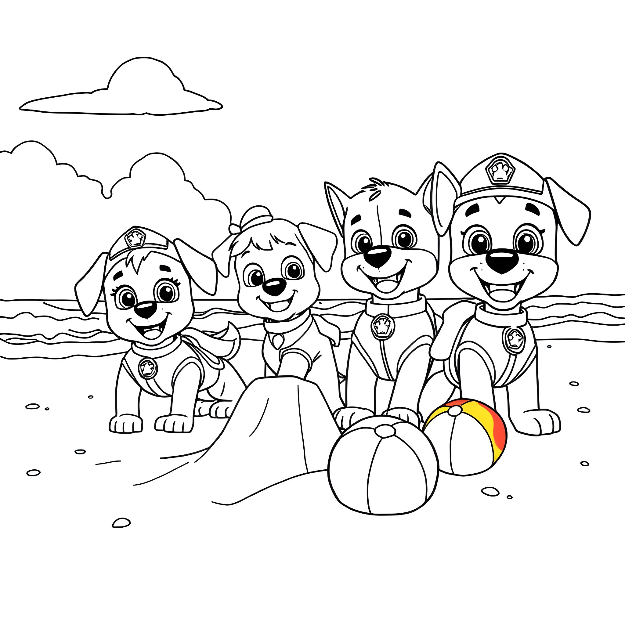 Paw Patrol puppies playing at the beach Coloring Page (free black-and-white line drawing printable PDF for all, from beginners to advanced learners, including children, teens, adults, and seniors)