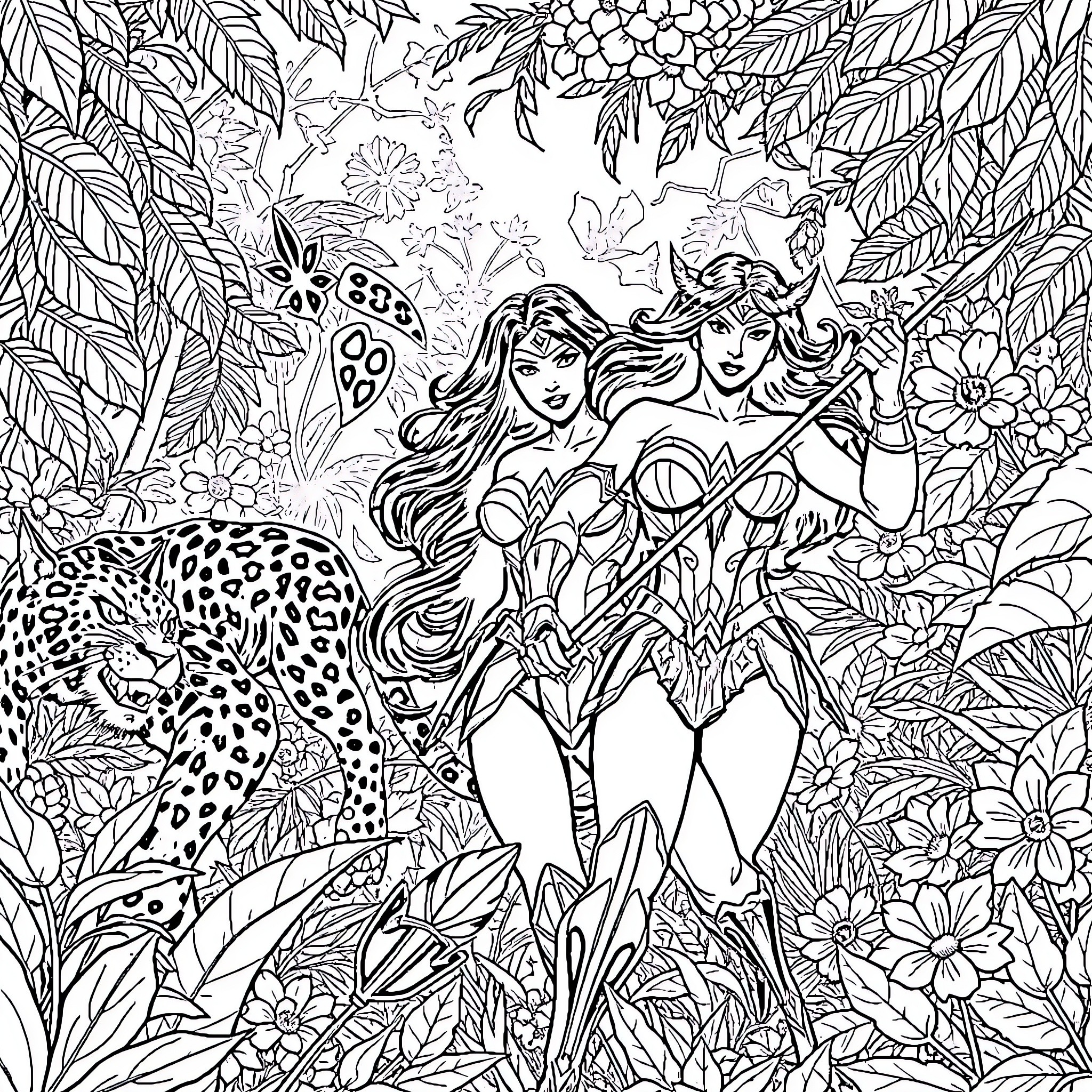 Wonder Woman in Jungle Adventure Coloring Page (free black-and-white line drawing printable PDF for all, from beginners to advanced learners, including children, teens, adults, and seniors)