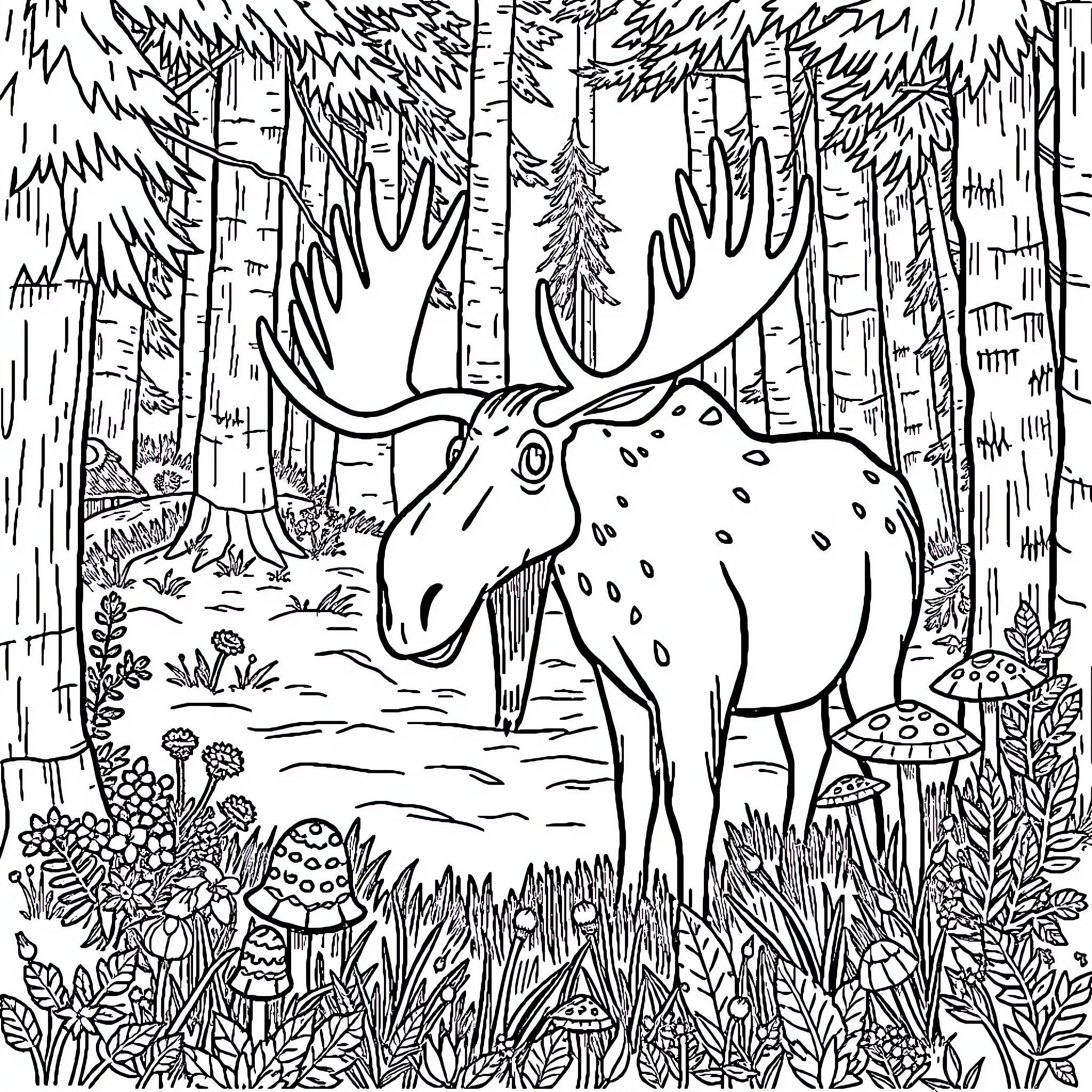 Moose in the Enchanted Forest Coloring Page (free black-and-white line drawing printable PDF for all, from beginners to advanced learners, including children, teens, adults, and seniors)