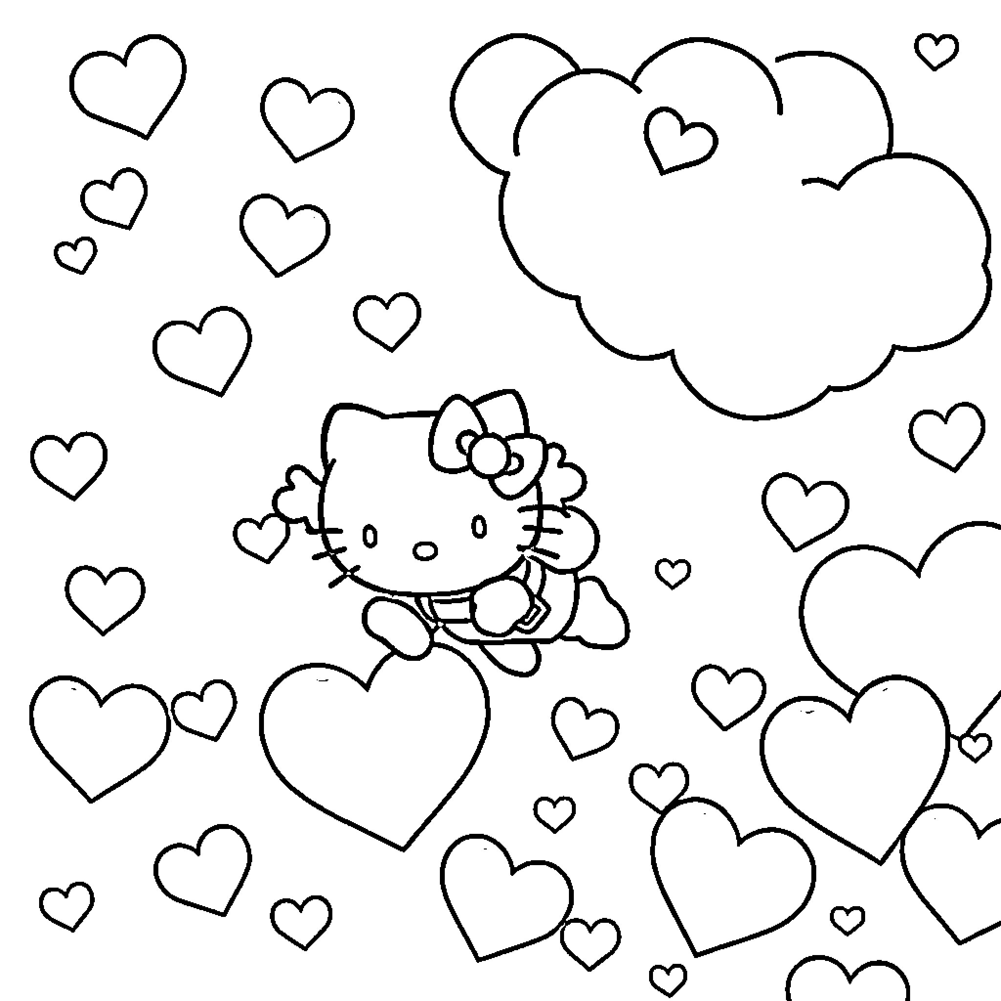 Hello Kitty playing with hearts in the clouds Coloring Page (free black-and-white line drawing printable PDF for all, from beginners to advanced learners, including children, teens, adults, and seniors)