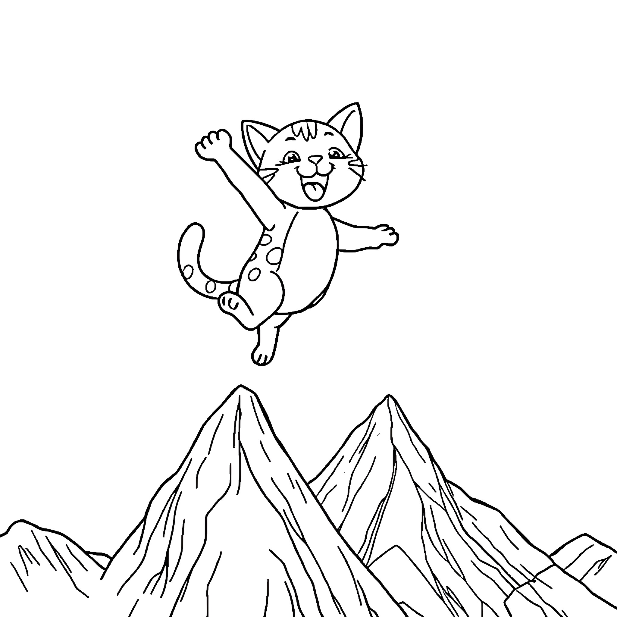 Cat jumping happily in the mountains Coloring Page (free black-and-white line drawing printable PDF for all, from beginners to advanced learners, including children, teens, adults, and seniors)