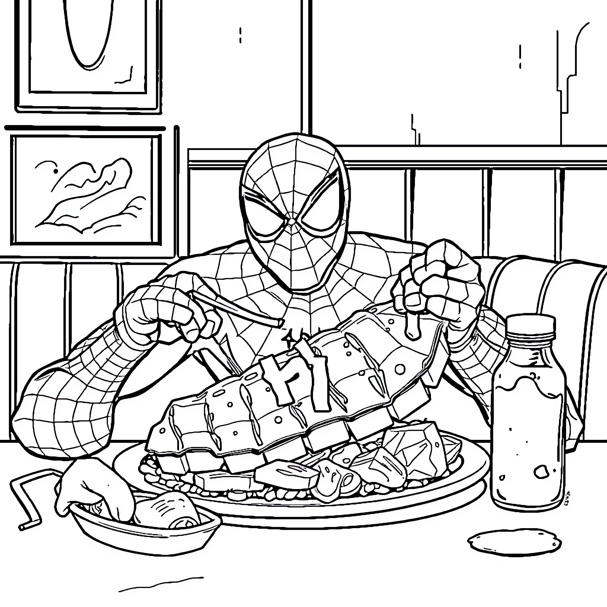 Spiderman having a messy meal at home Coloring Page (free black-and-white line drawing printable PDF for all, from beginners to advanced learners, including children, teens, adults, and seniors)