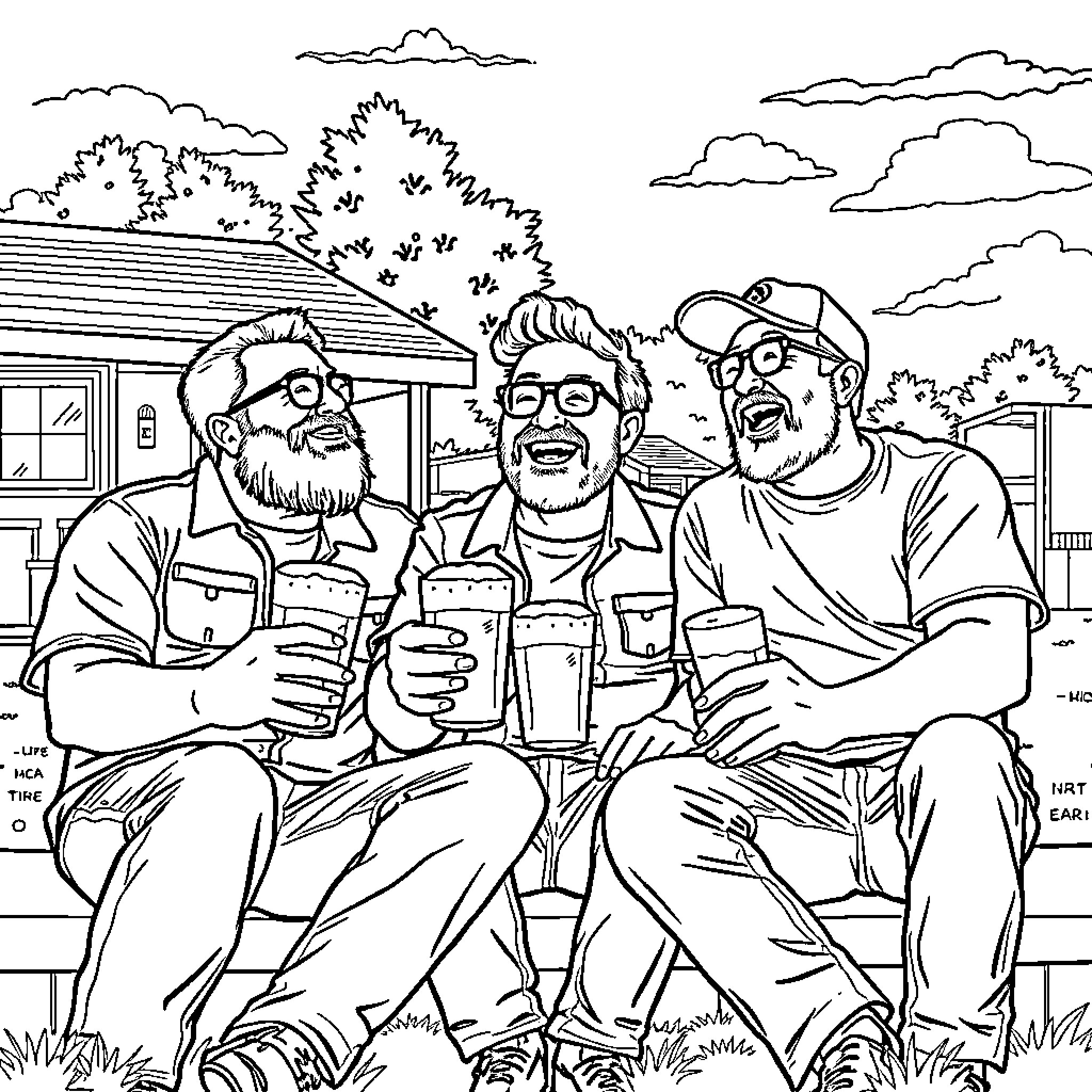 Bubbles of Friendship: Three Men Enjoying Drinks Outdoors Coloring Page (free black-and-white line drawing printable PDF for all, from beginners to advanced learners, including children, teens, adults, and seniors)