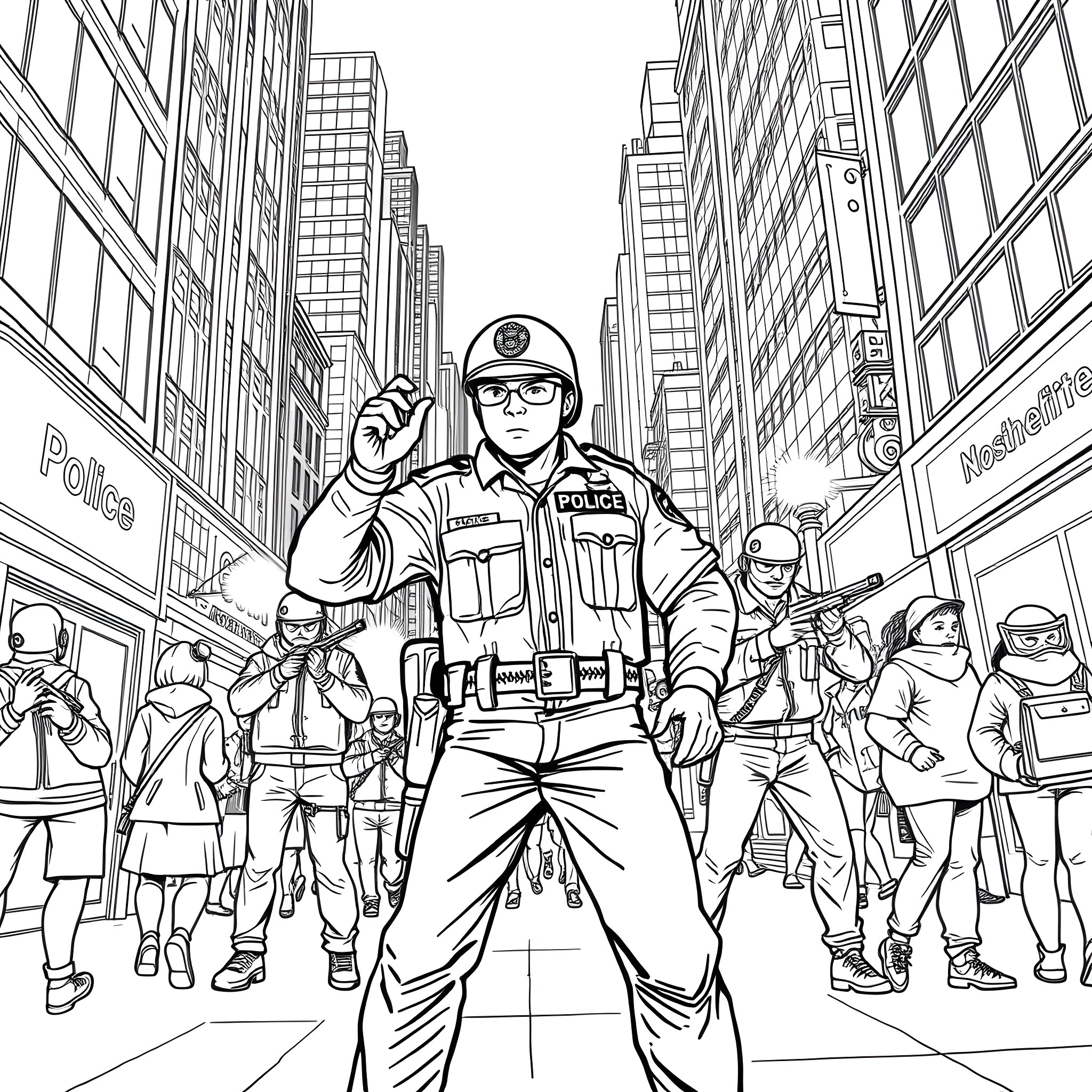Cop leading a group of police officers in the city Coloring Page (free black-and-white line drawing printable PDF for all, from beginners to advanced learners, including children, teens, adults, and seniors)