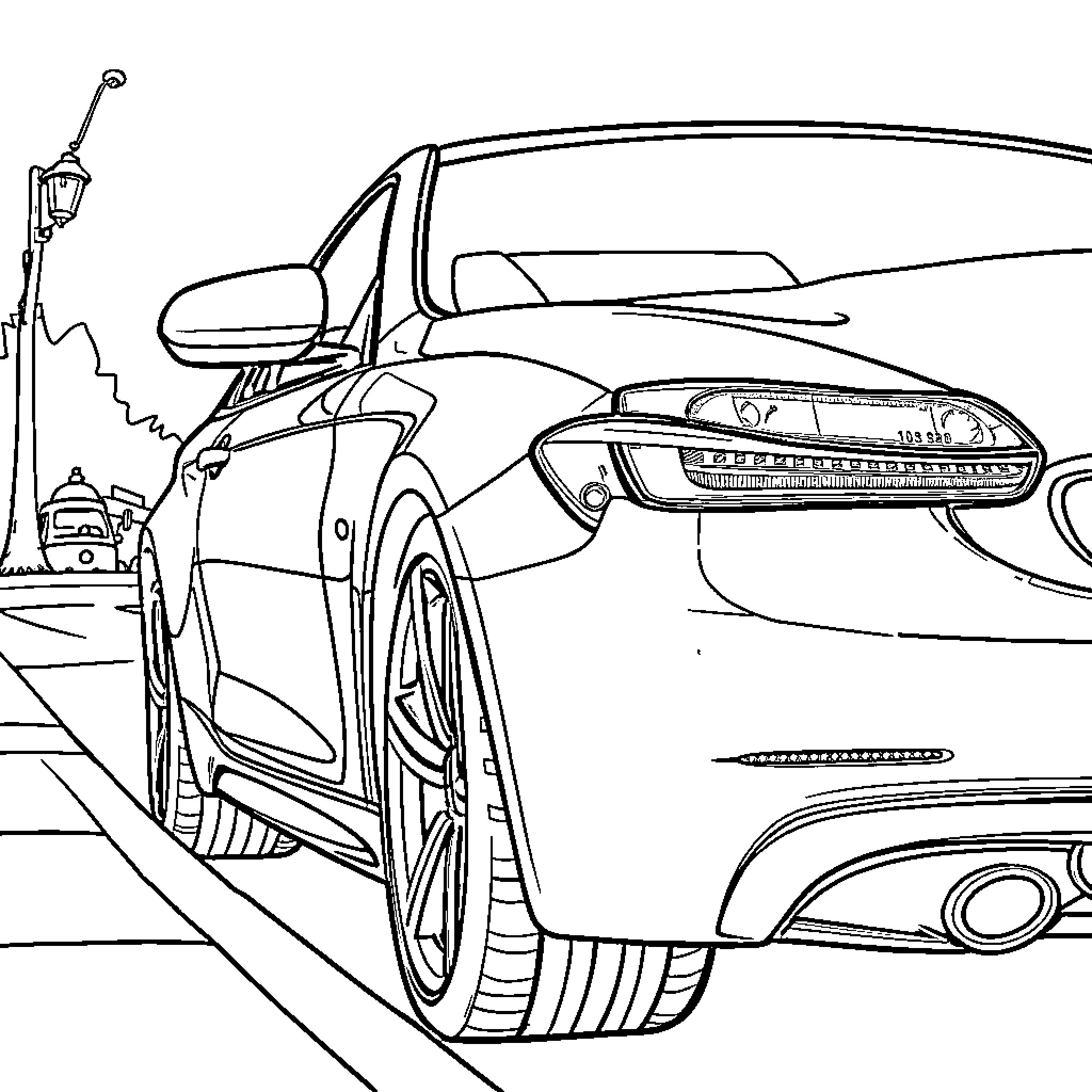 Car with striking design refueling at gas station Coloring Page (free black-and-white line drawing printable PDF for all, from beginners to advanced learners, including children, teens, adults, and seniors)
