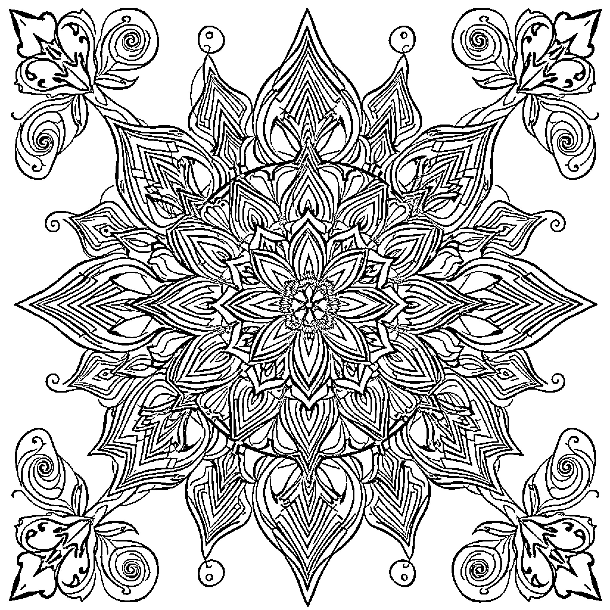 Horse Mandala Flower Design with Floral Patterns Coloring Page (free black-and-white line drawing printable PDF for all, from beginners to advanced learners, including children, teens, adults, and seniors)