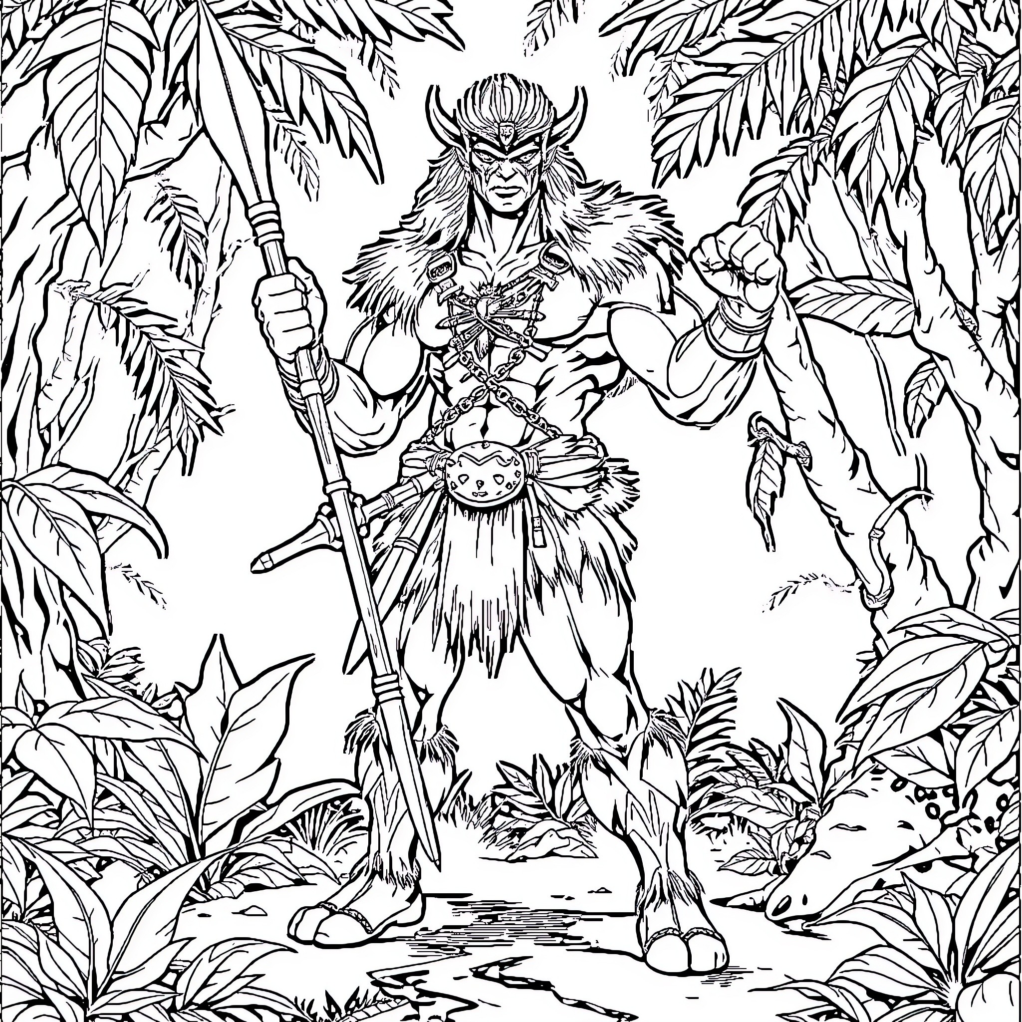 Kraven the Hunter Stalking Prey in the Jungle Coloring Page (free black-and-white line drawing printable PDF for all, from beginners to advanced learners, including children, teens, adults, and seniors)