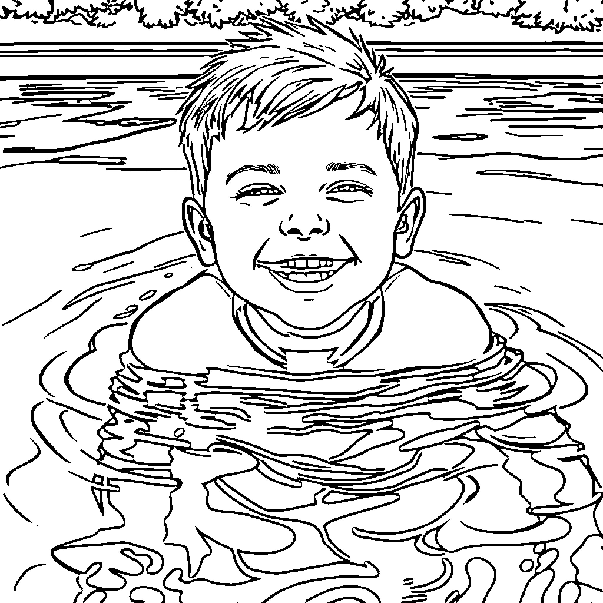 Boy happily swimming in the lake Coloring Page (free black-and-white line drawing printable PDF for all, from beginners to advanced learners, including children, teens, adults, and seniors)