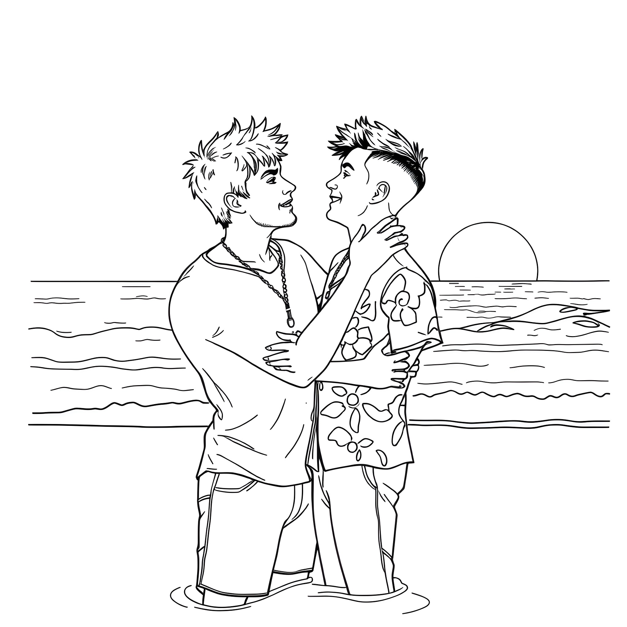 Billy Joe Armstrong engaging in playful conversation on the beach Coloring Page (free black-and-white line drawing printable PDF for all, from beginners to advanced learners, including children, teens, adults, and seniors)