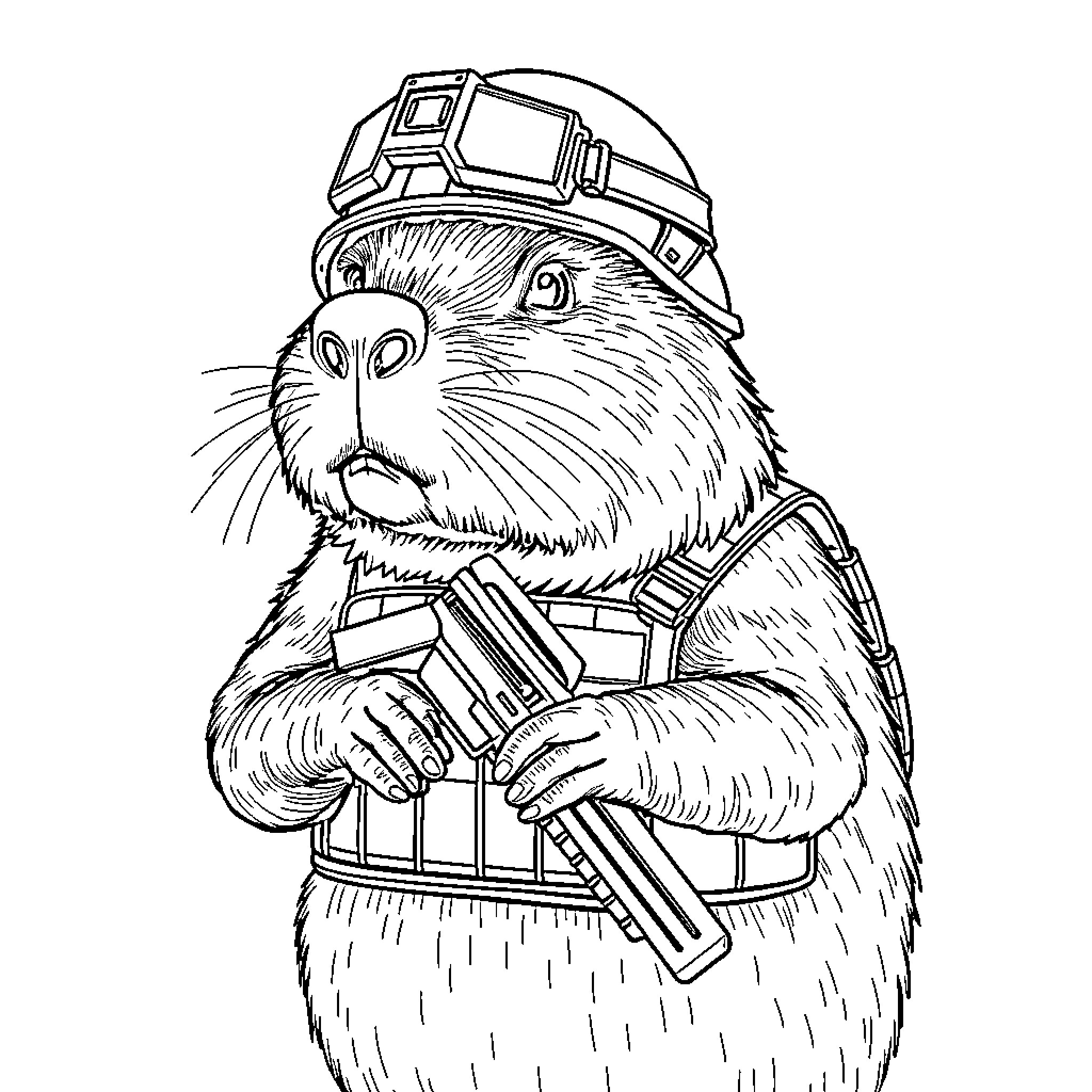 Capybara in Hardhat and Overalls Coloring Page (free black-and-white line drawing printable PDF for all, from beginners to advanced learners, including children, teens, adults, and seniors)