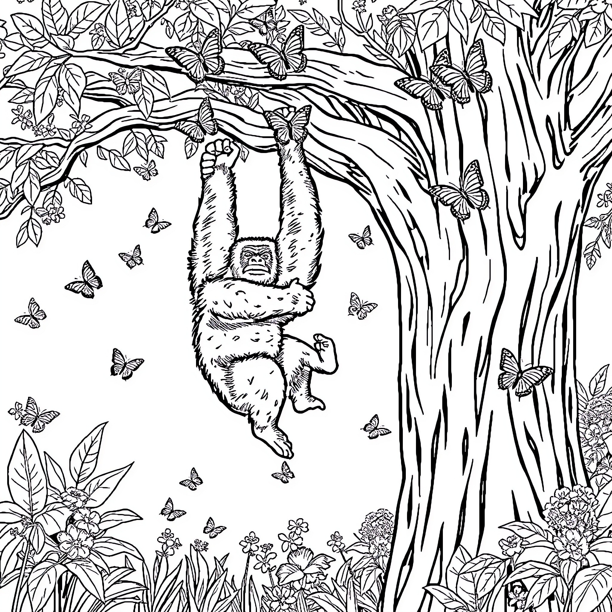 Gorilla swinging playfully among butterflies and flowers Coloring Page (free black-and-white line drawing printable PDF for all, from beginners to advanced learners, including children, teens, adults, and seniors)