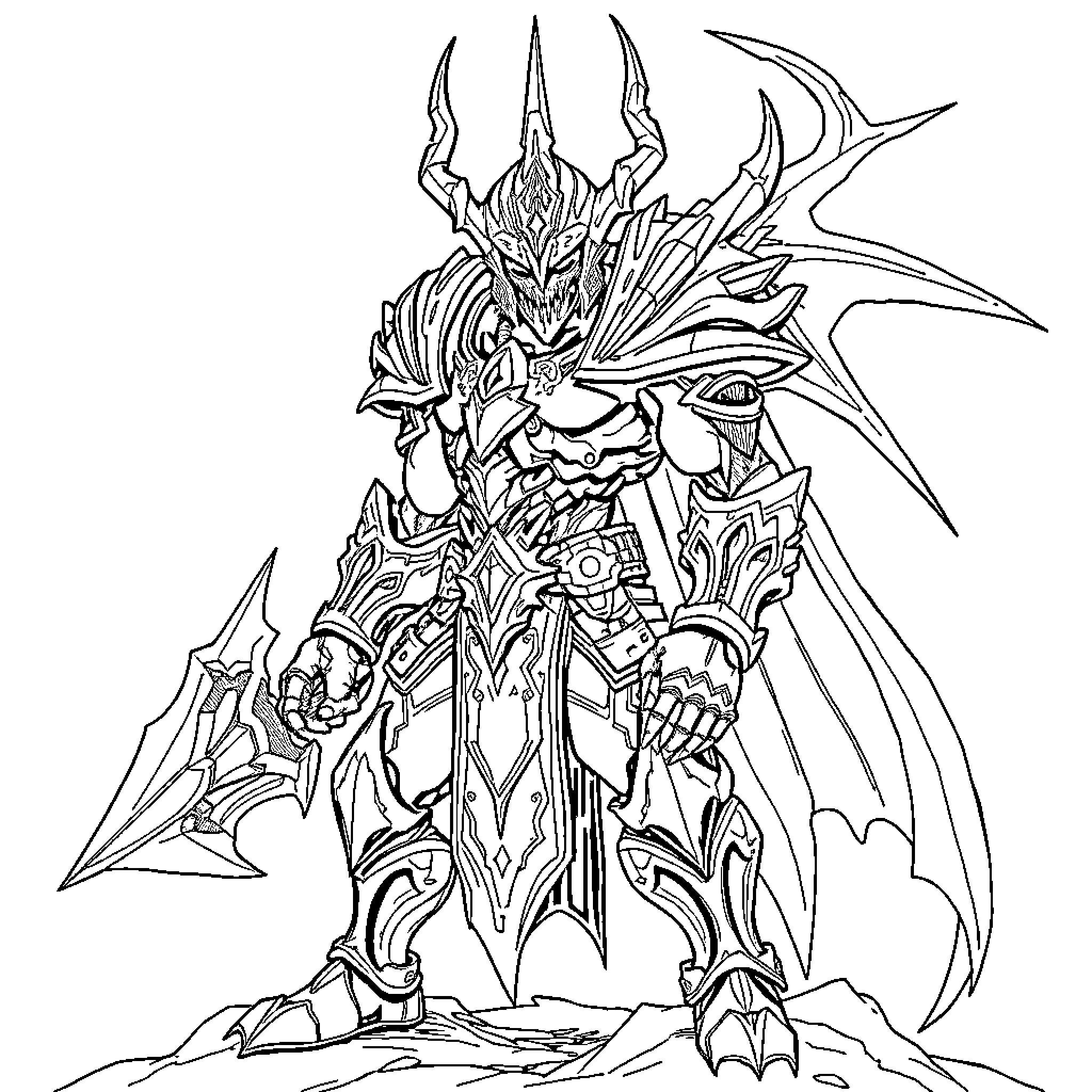 Phyrexian Warrior in Fearsome Battle Stance Coloring Page (free black-and-white line drawing printable PDF for all, from beginners to advanced learners, including children, teens, adults, and seniors)