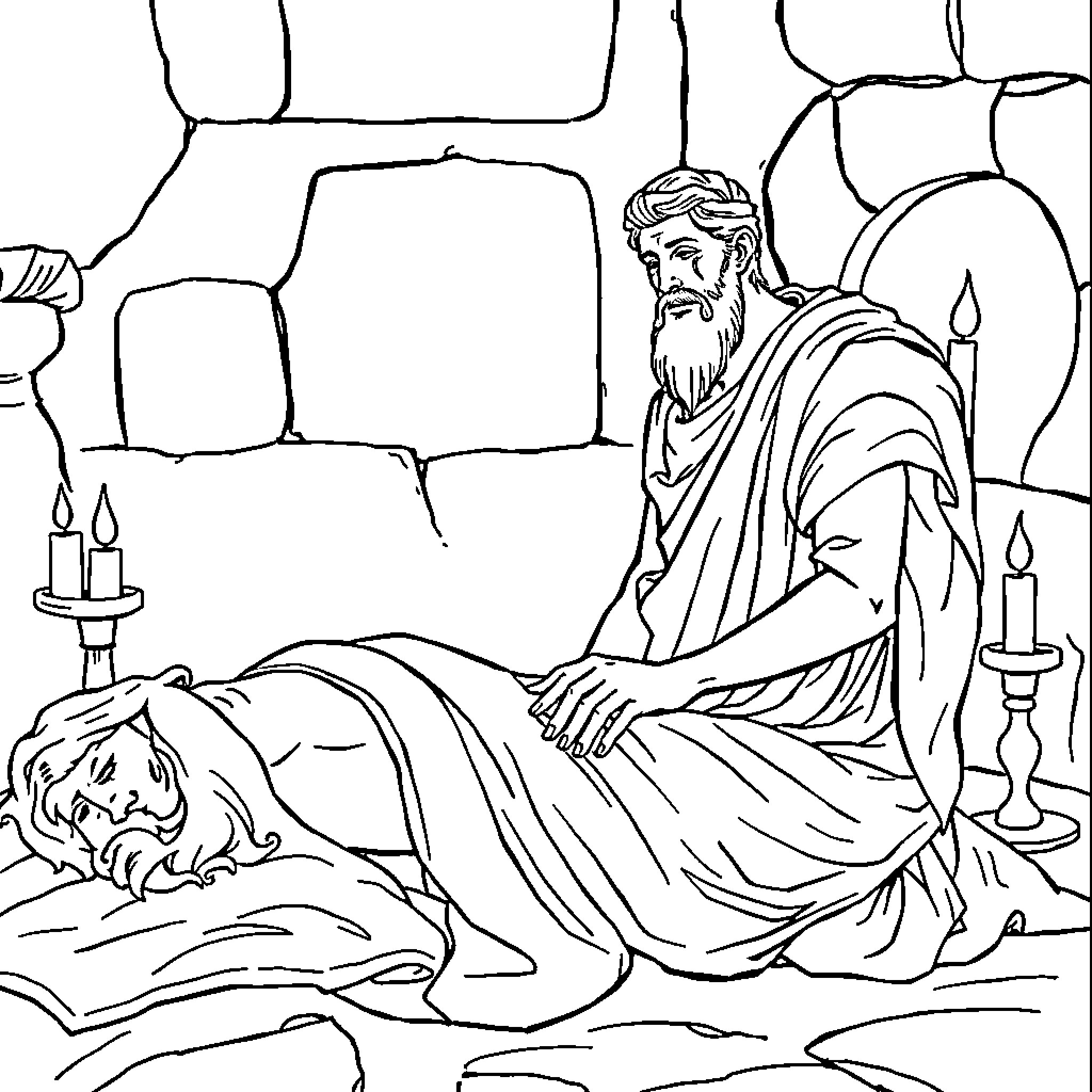 Greek Man praying by the bedside of a sick person Coloring Page (free black-and-white line drawing printable PDF for all, from beginners to advanced learners, including children, teens, adults, and seniors)