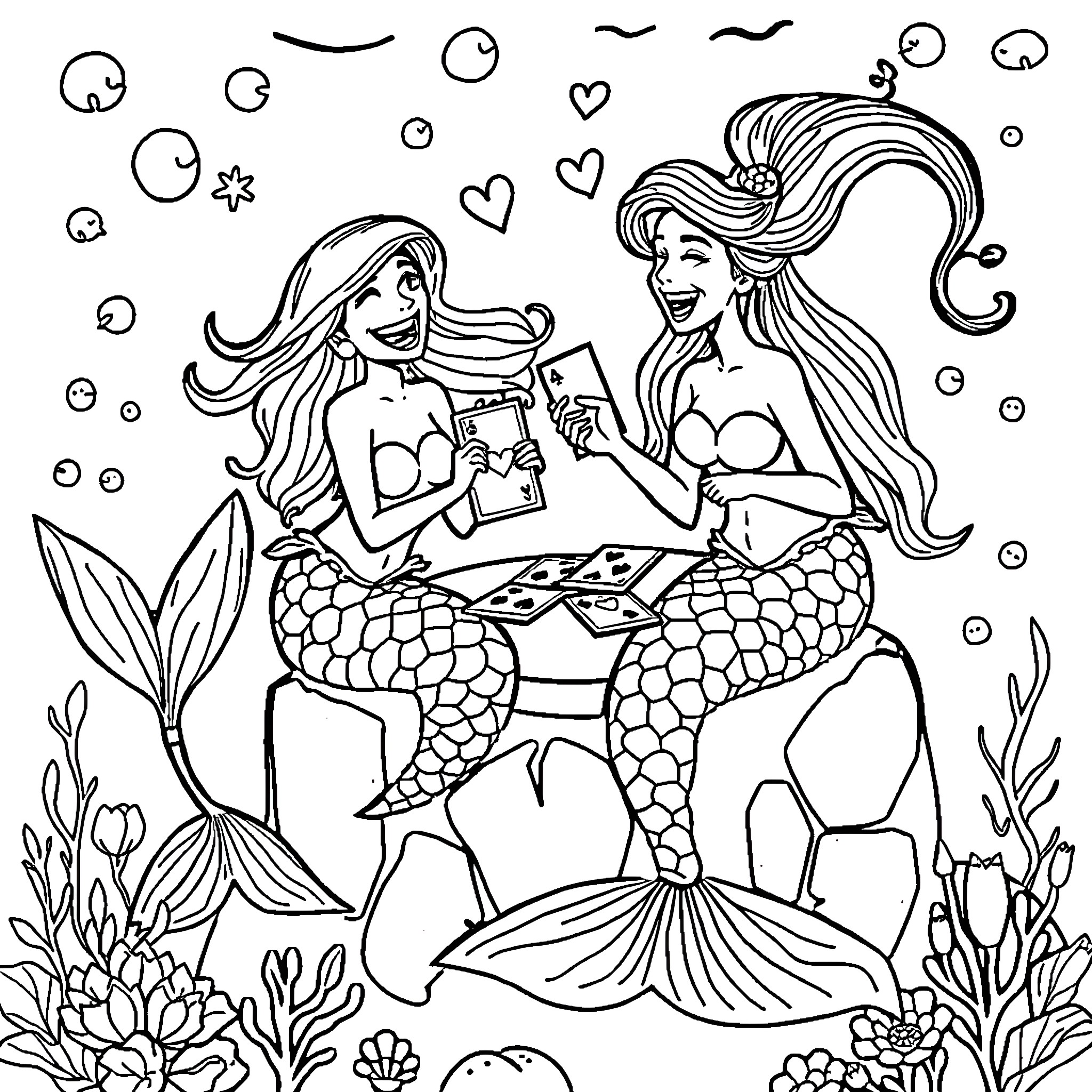 Mermaid sisters playing and reading underwater Coloring Page (free black-and-white line drawing printable PDF for all, from beginners to advanced learners, including children, teens, adults, and seniors)