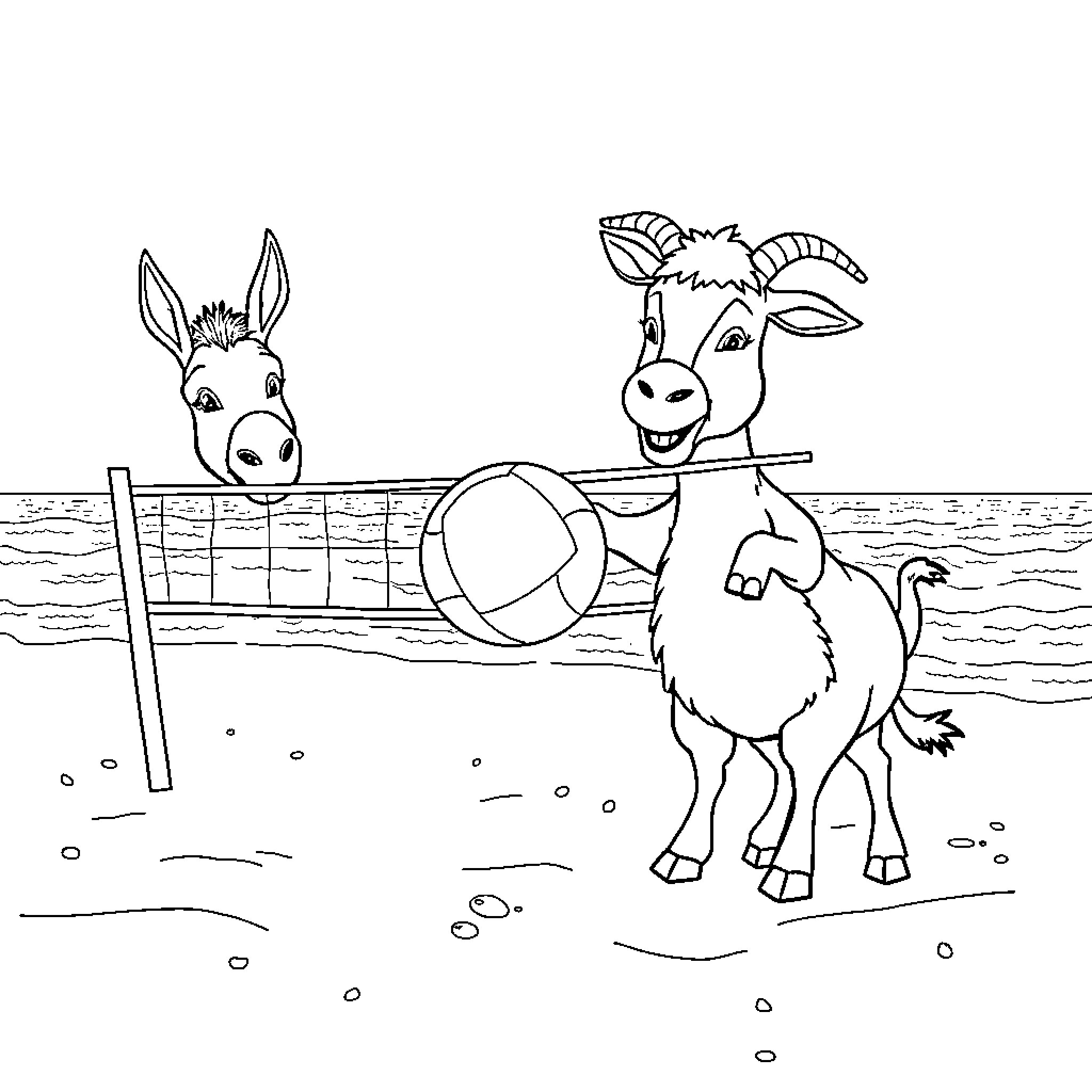 Donkeys playing with a beach ball in the water Coloring Page (free black-and-white line drawing printable PDF for all, from beginners to advanced learners, including children, teens, adults, and seniors)
