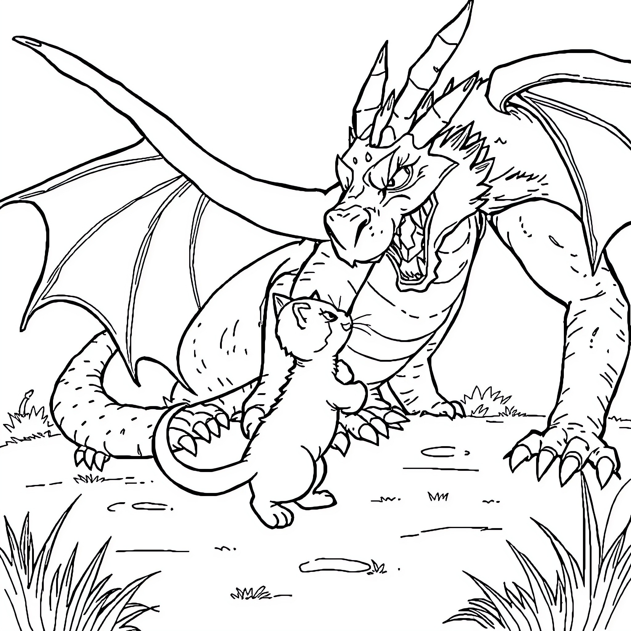 Cat-like dragon in a fantasy scene Coloring Page (free black-and-white line drawing printable PDF for all, from beginners to advanced learners, including children, teens, adults, and seniors)