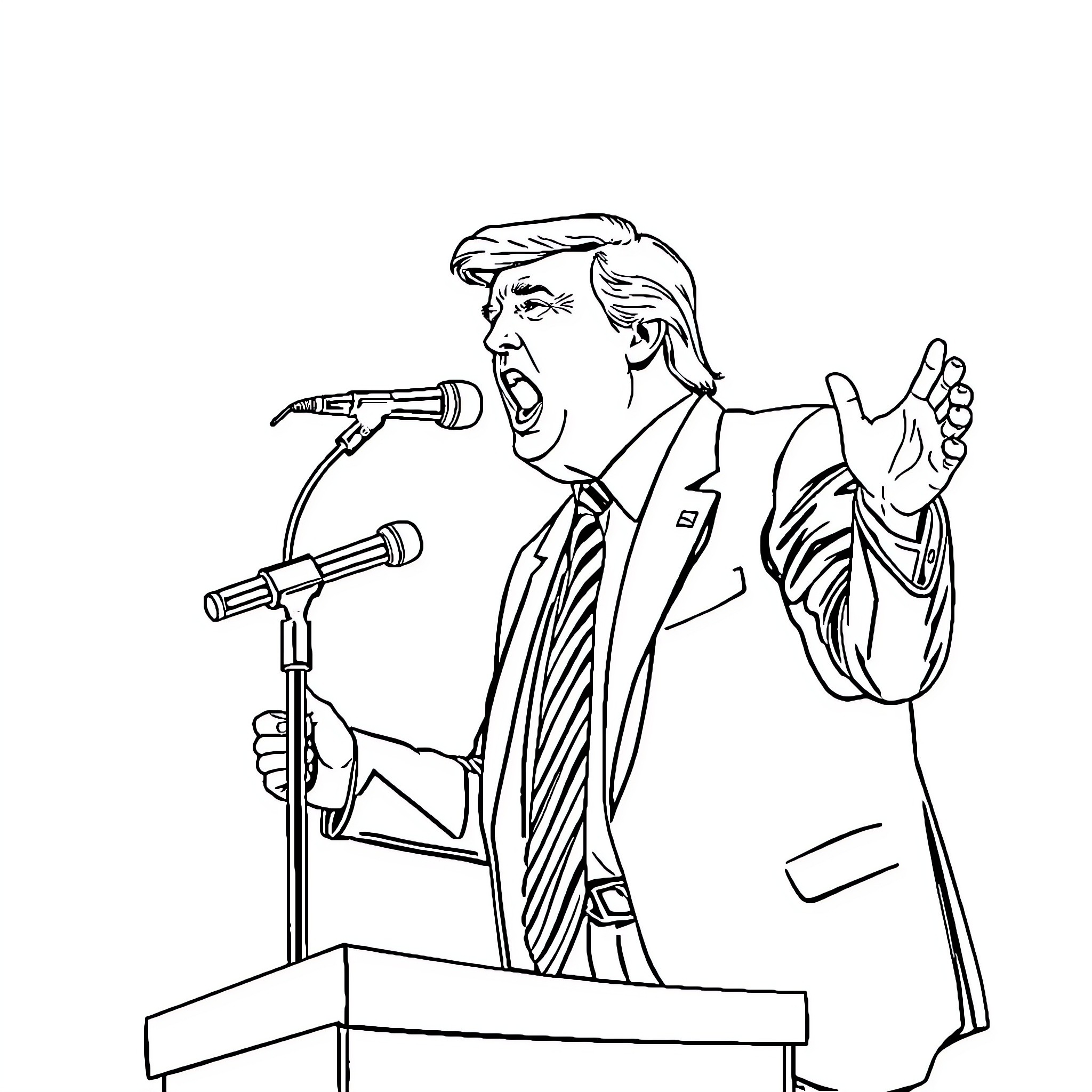 Donald Trump Delivering Passionate Speech at Podium Coloring Page (free black-and-white line drawing printable PDF for all, from beginners to advanced learners, including children, teens, adults, and seniors)