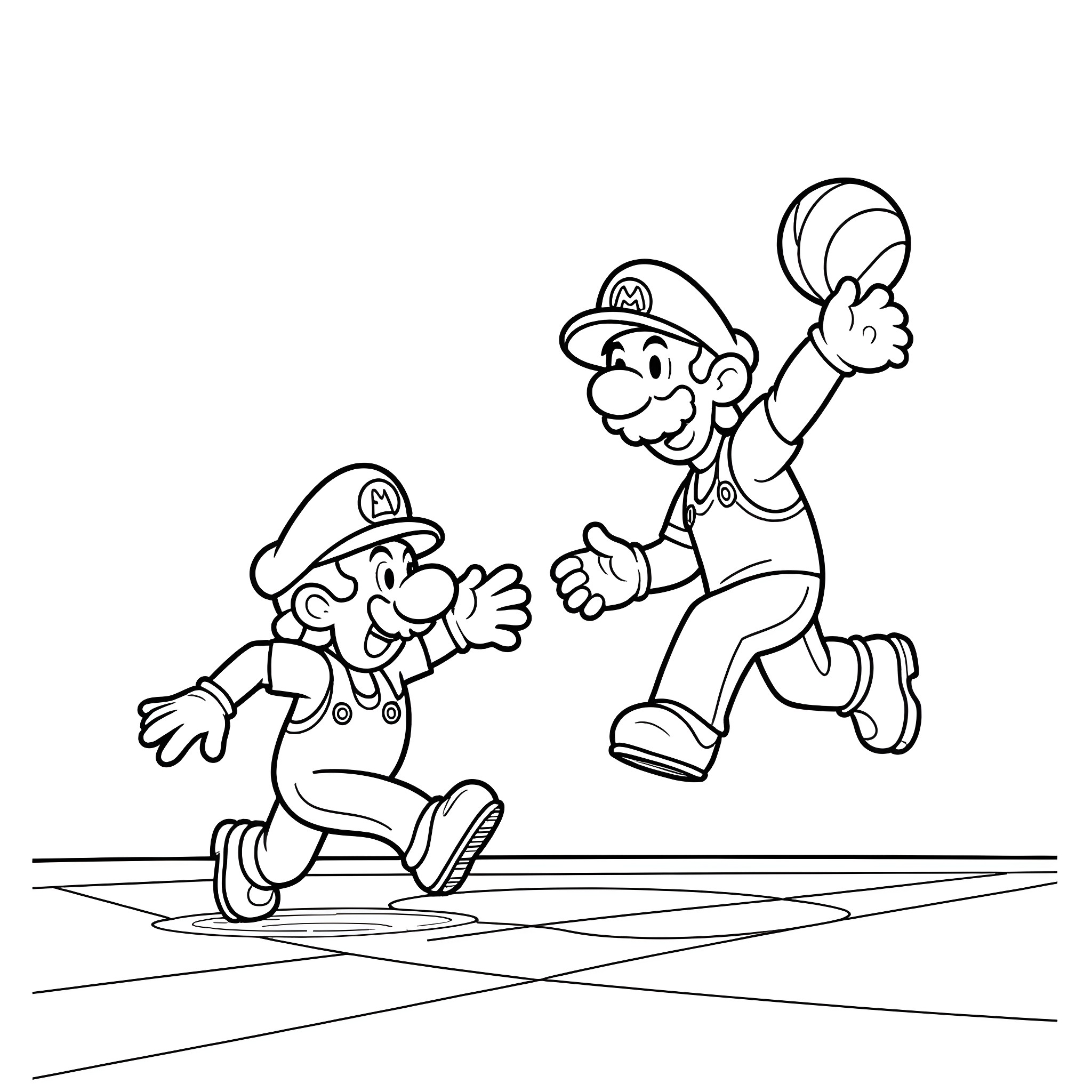 Mario brothers running and jumping in action Coloring Page (free black-and-white line drawing printable PDF for all, from beginners to advanced learners, including children, teens, adults, and seniors)