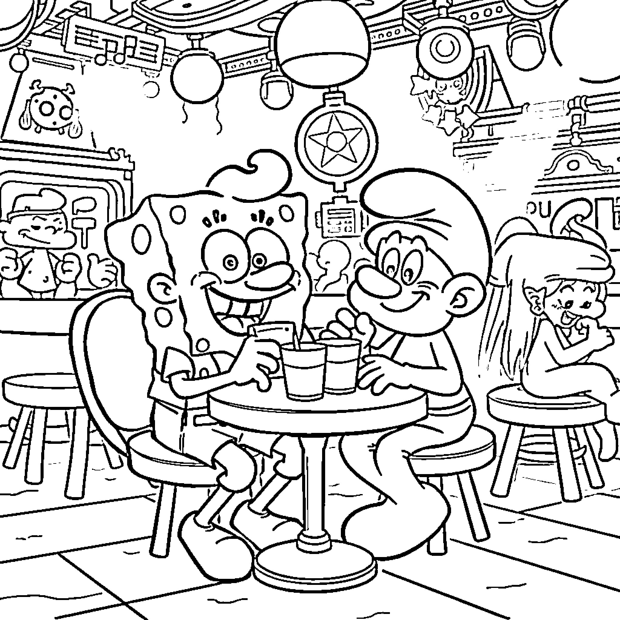 Spongebob and Friends Hanging Out at the Diner Coloring Page (free black-and-white line drawing printable PDF for all, from beginners to advanced learners, including children, teens, adults, and seniors)