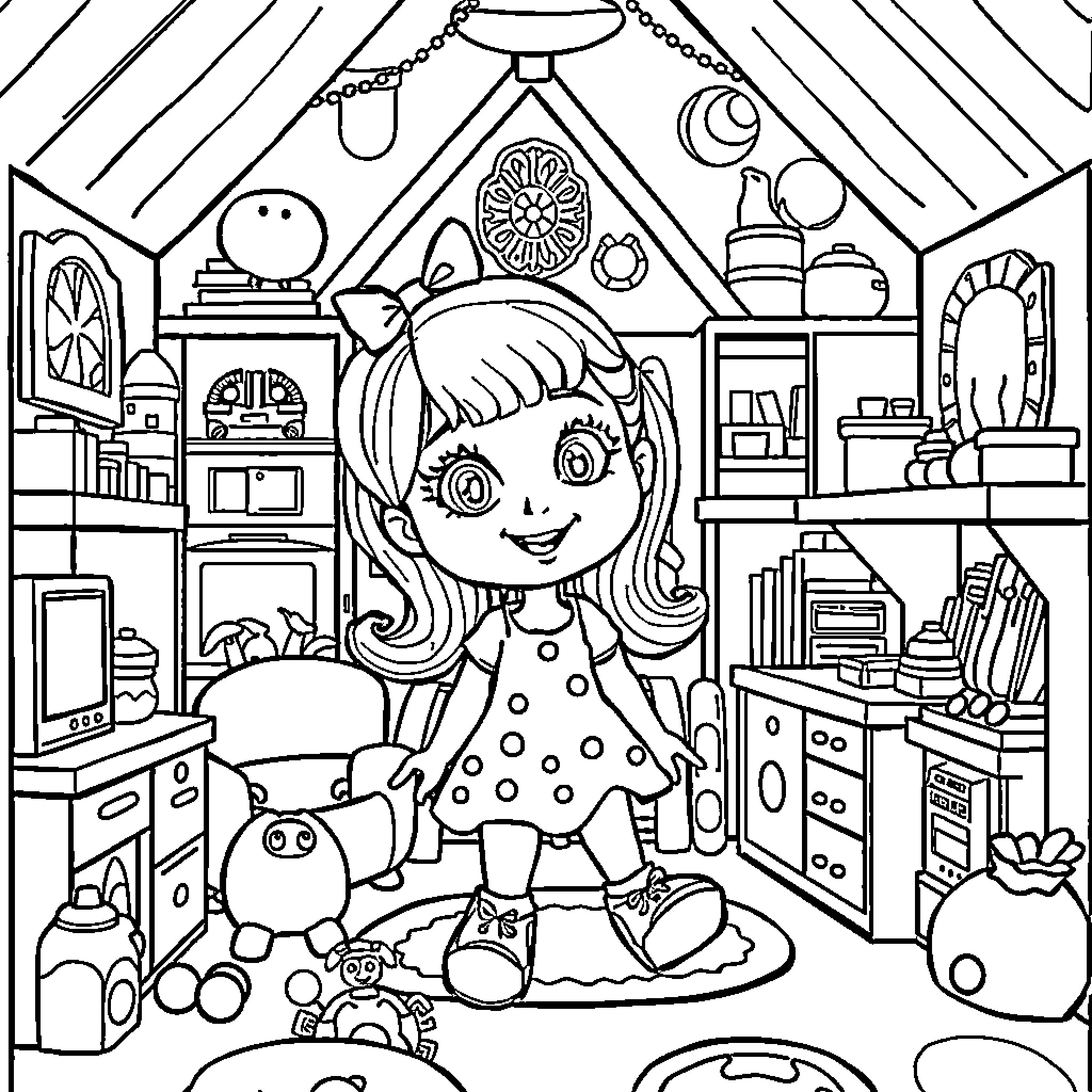 Gabby's Cozy Bedroom Adventure Coloring Page (free black-and-white line drawing printable PDF for all, from beginners to advanced learners, including children, teens, adults, and seniors)