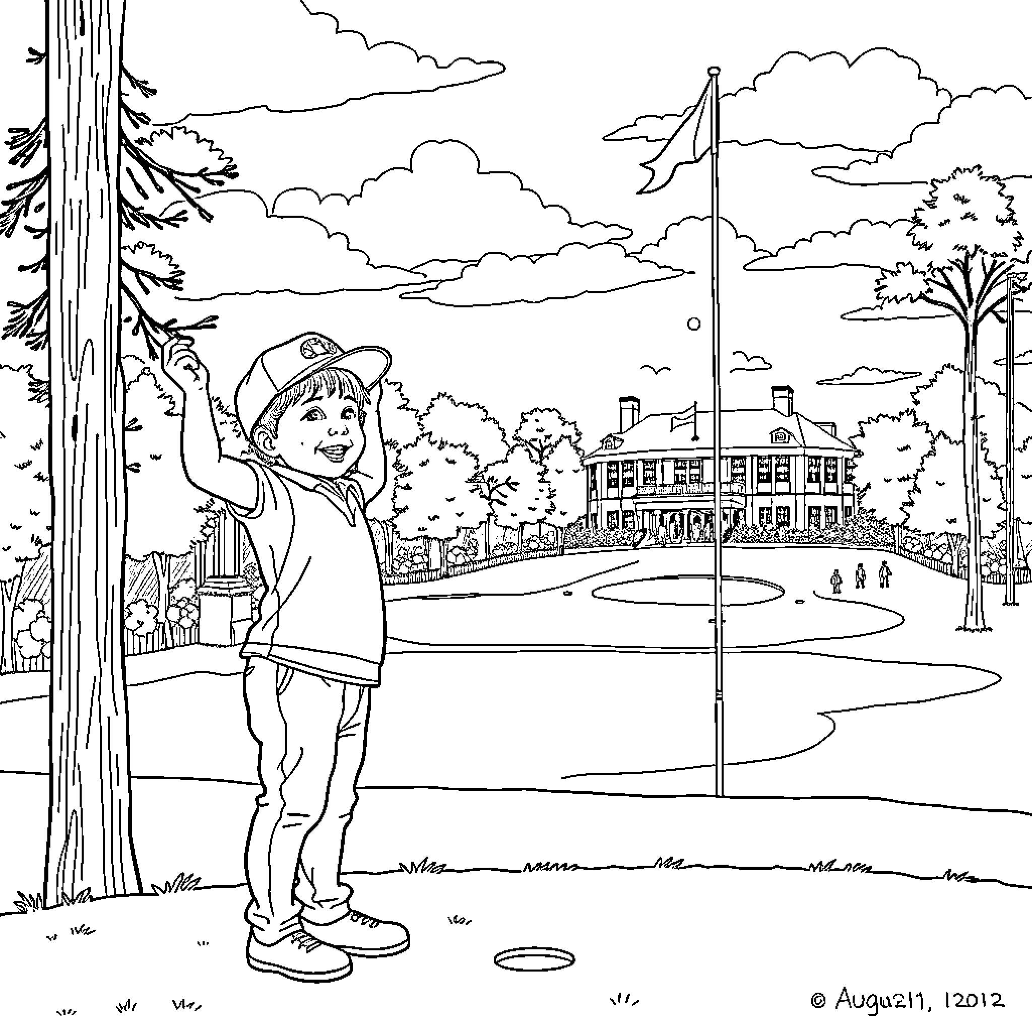 Child exploring a park with buildings in the distance Coloring Page (free black-and-white line drawing printable PDF for all, from beginners to advanced learners, including children, teens, adults, and seniors)