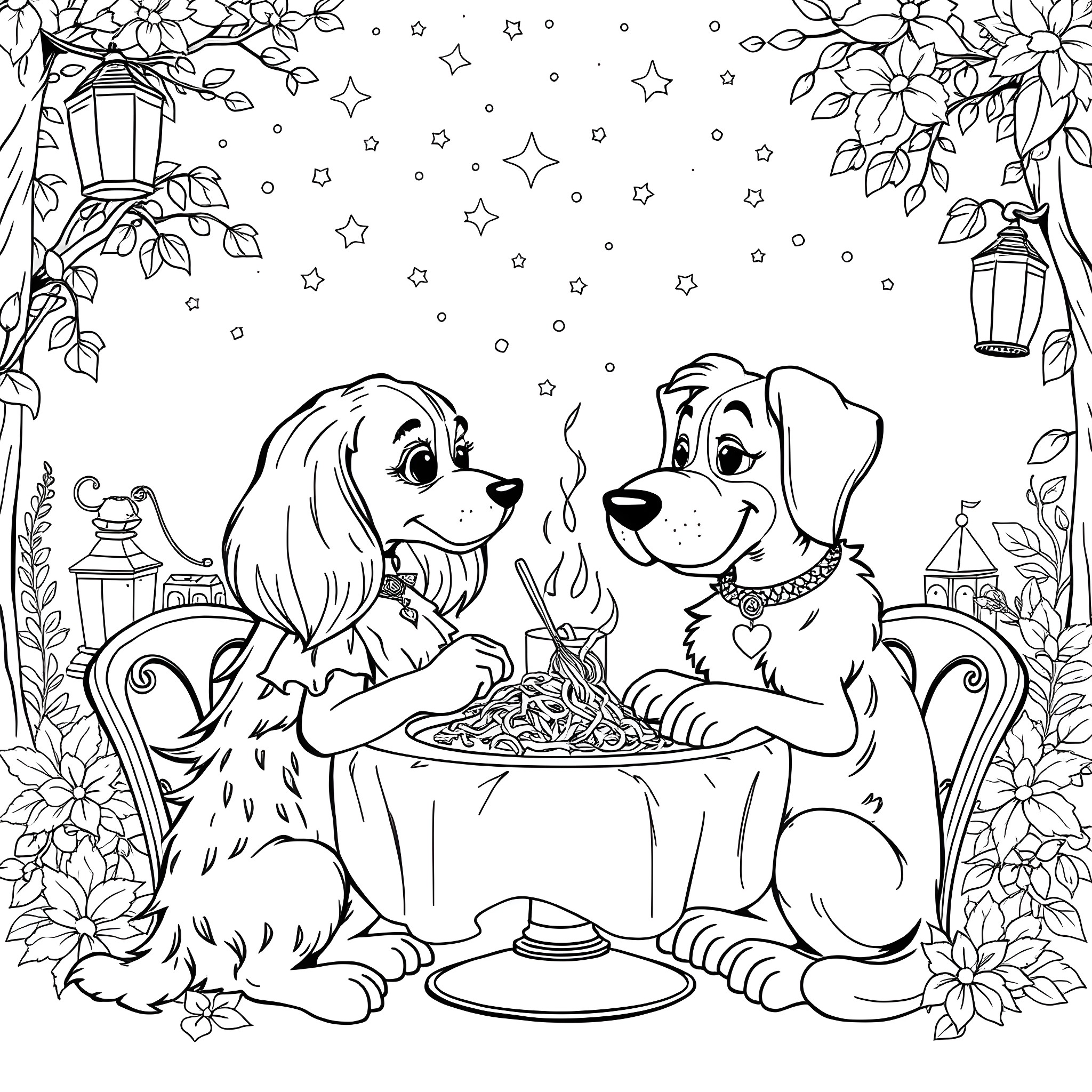 Lady And The Tramp Enjoying A Romantic Spaghetti Dinner Coloring Page (free black-and-white line drawing printable PDF for all, from beginners to advanced learners, including children, teens, adults, and seniors)