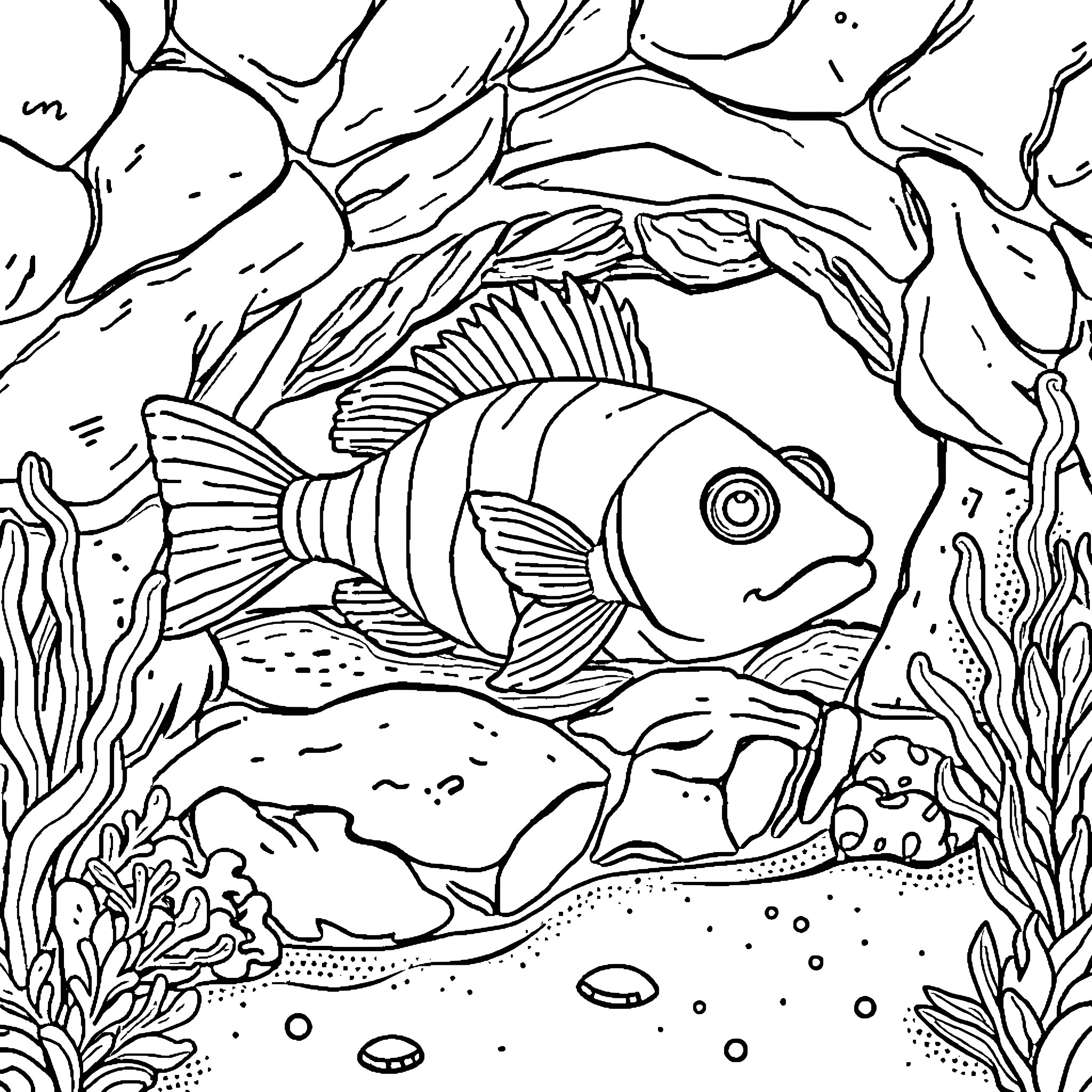 Pout Fish in Underwater Coral Reef Coloring Page (free black-and-white line drawing printable PDF for all, from beginners to advanced learners, including children, teens, adults, and seniors)
