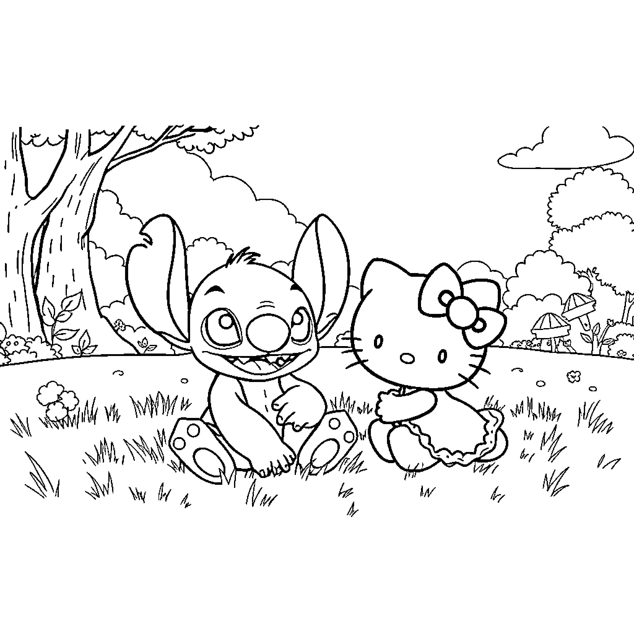 Stitch and Hello Kitty's Playful Adventure in the Forest Coloring Page (free black-and-white line drawing printable PDF for all, from beginners to advanced learners, including children, teens, adults, and seniors)