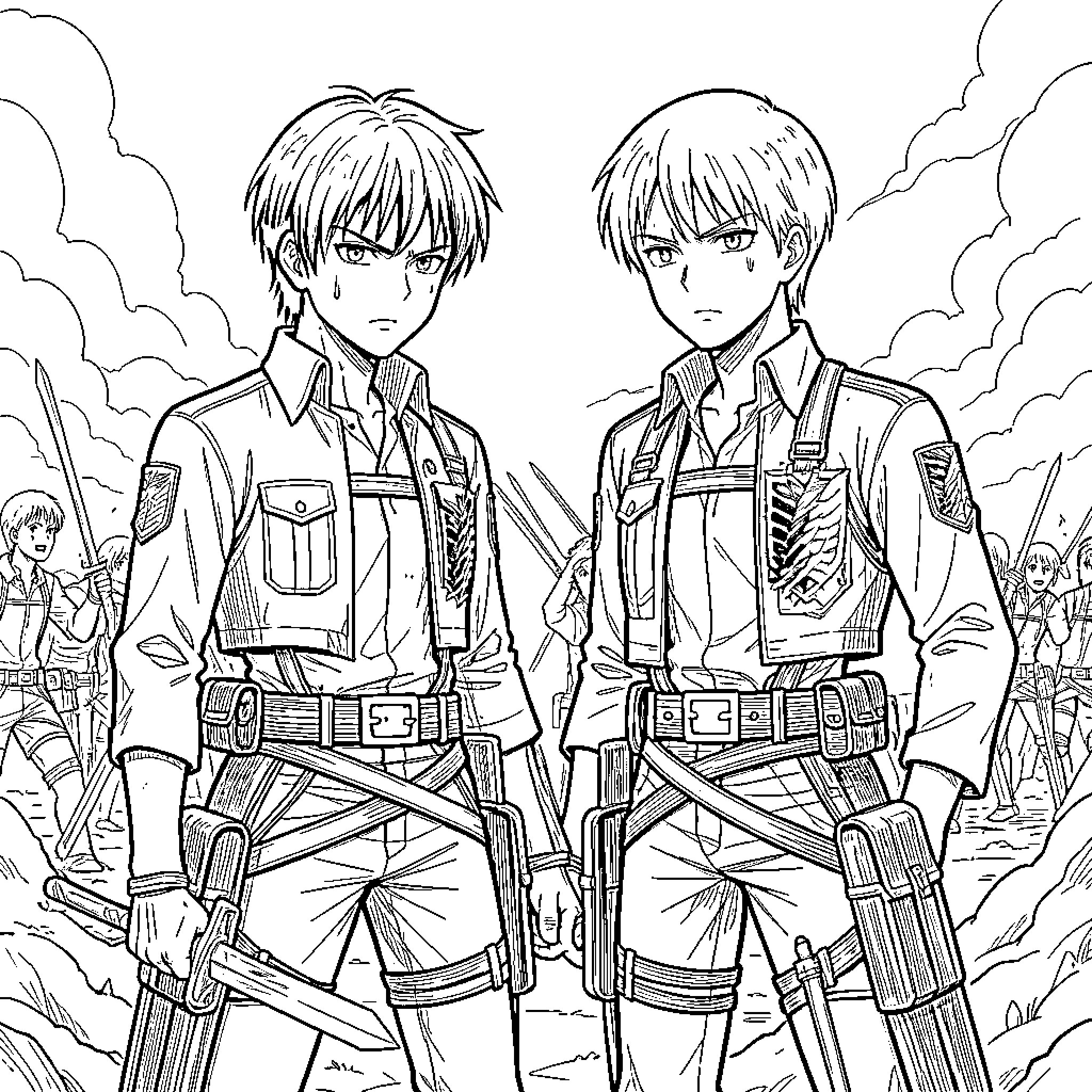 Eren standing resolutely with comrades in military uniform Coloring Page (free black-and-white line drawing printable PDF for all, from beginners to advanced learners, including children, teens, adults, and seniors)